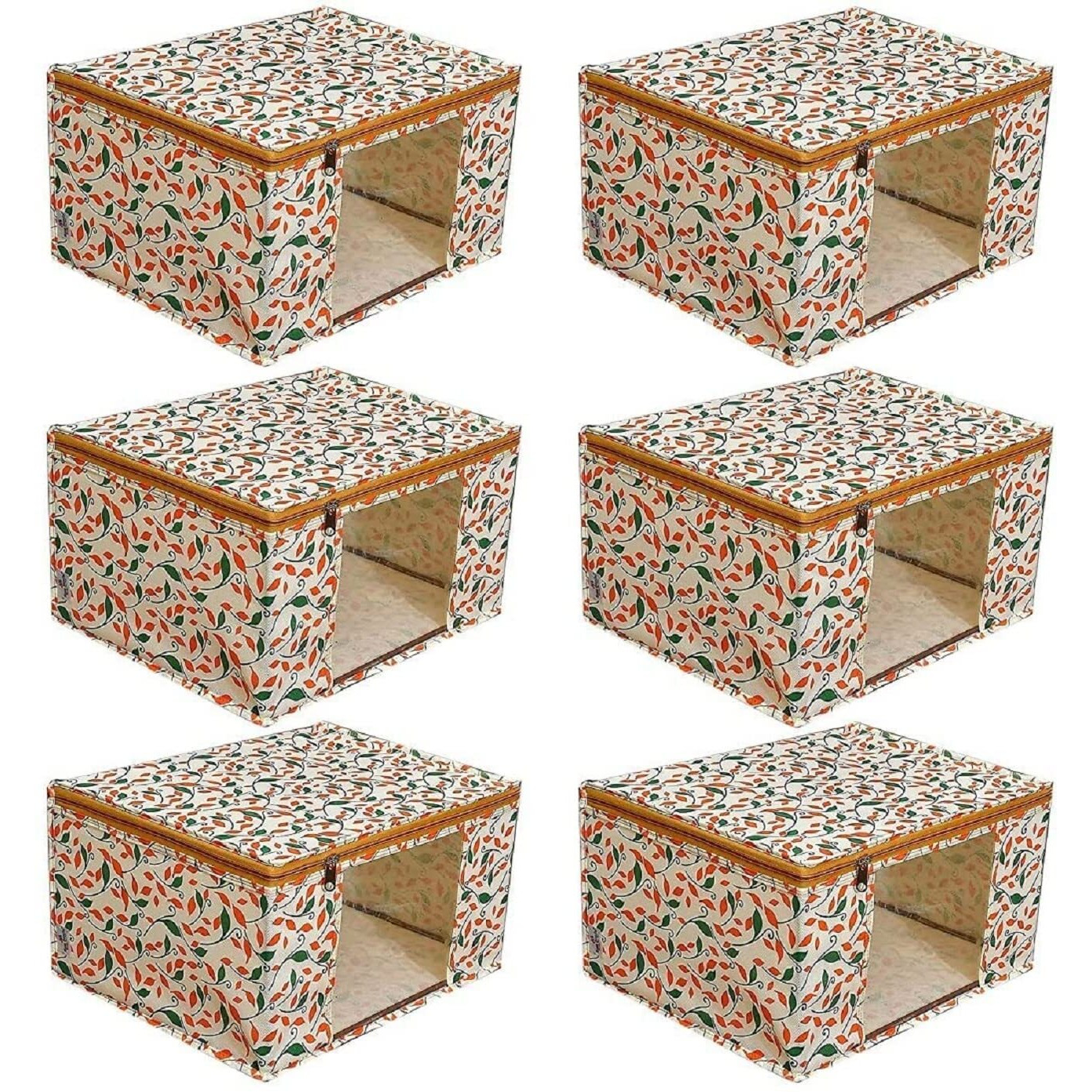 Acnos Non-Woven Premium Brand Metalic Green Orange Beige Design Yellow Chain 12 Piece Non Woven Large Size Saree Cloth Cover Set Pack Of 6