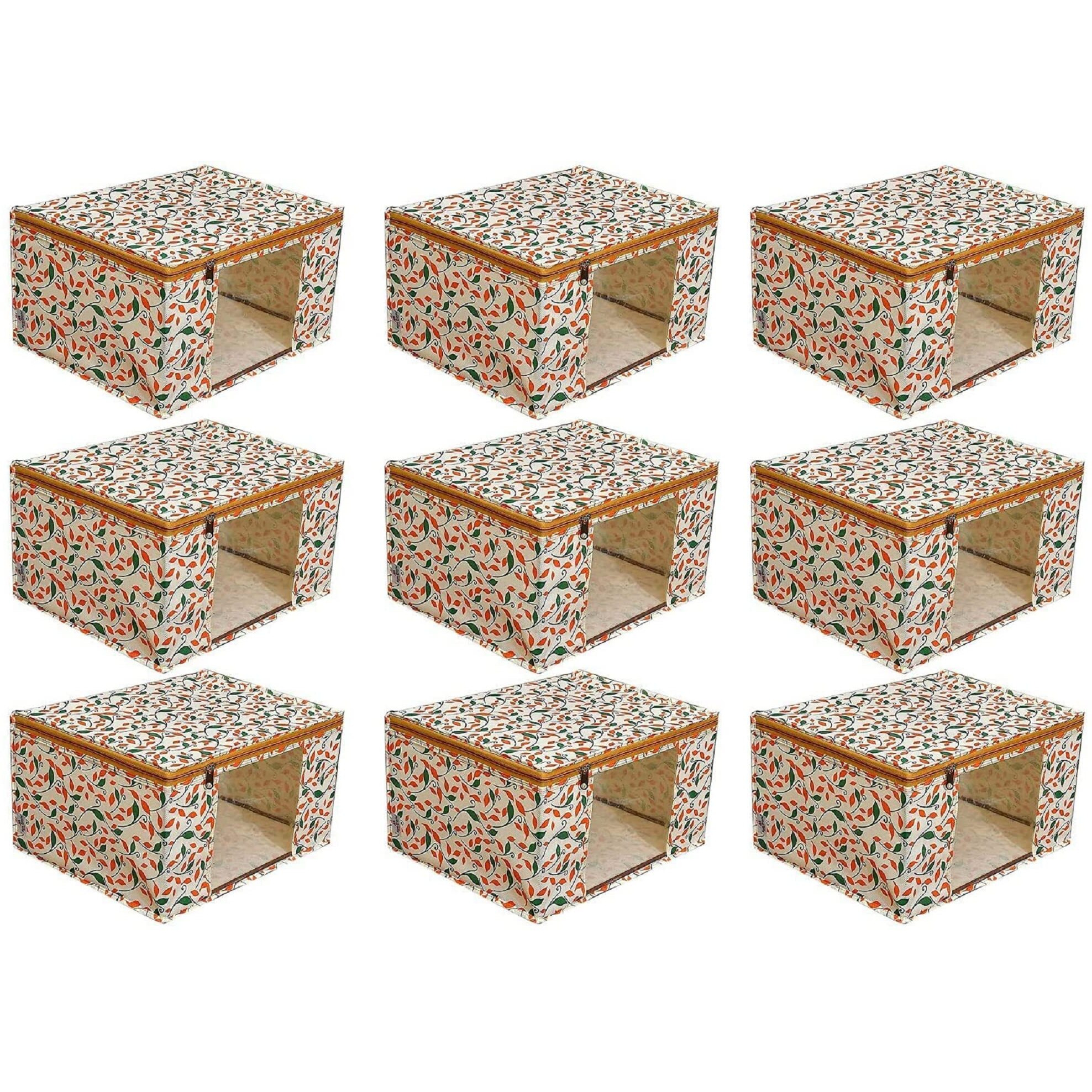 Acnos Non-Woven Premium Brand Metalic Green Orange Beige Design Yellow Chain 12 Piece Non Woven Large Size Saree Cloth Cover Set Pack Of 9