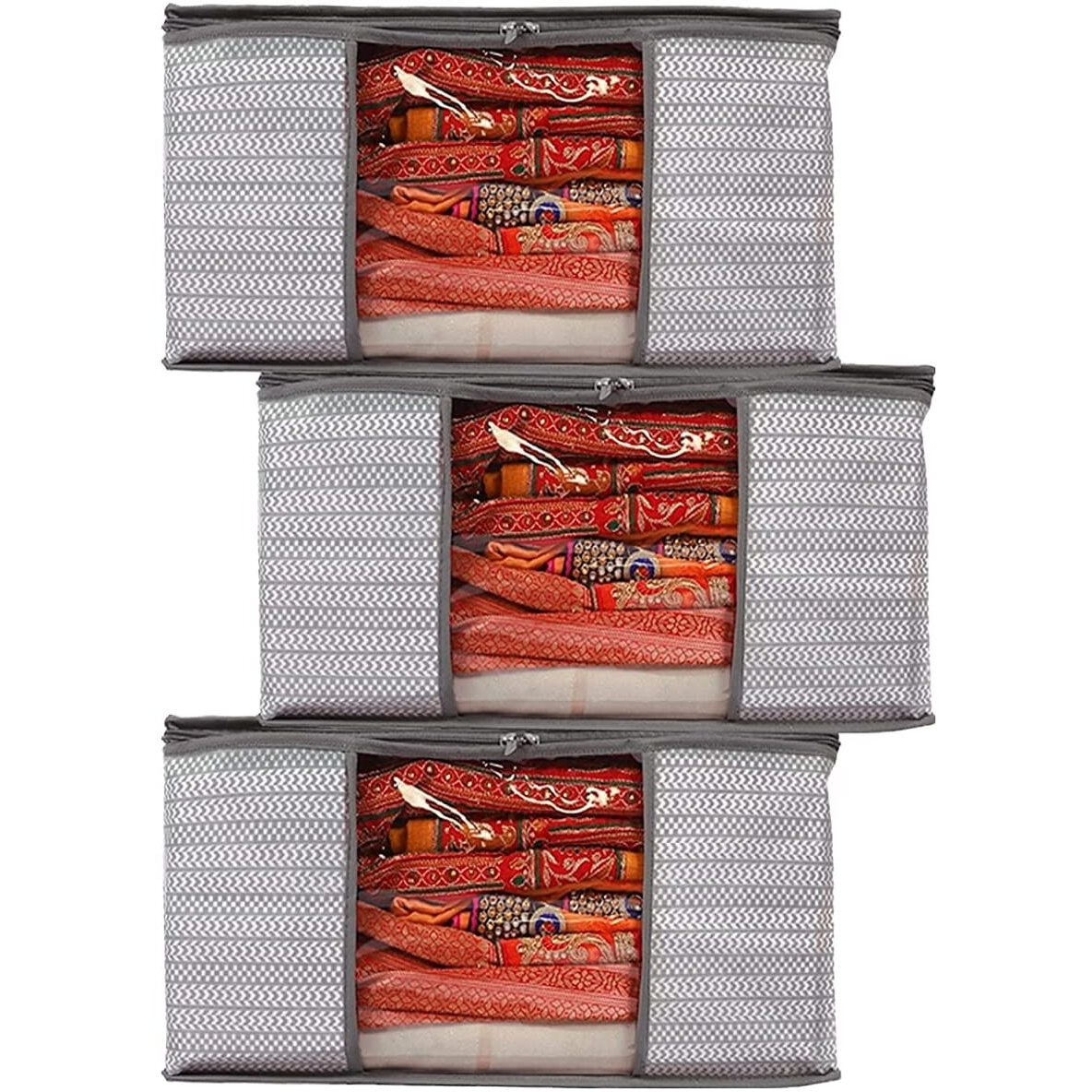 Acnos Premium Brand Metalic Grey Design Green Chain 12 Piece Non Woven Large Size Saree Cloth Cover Set Pack Of 3