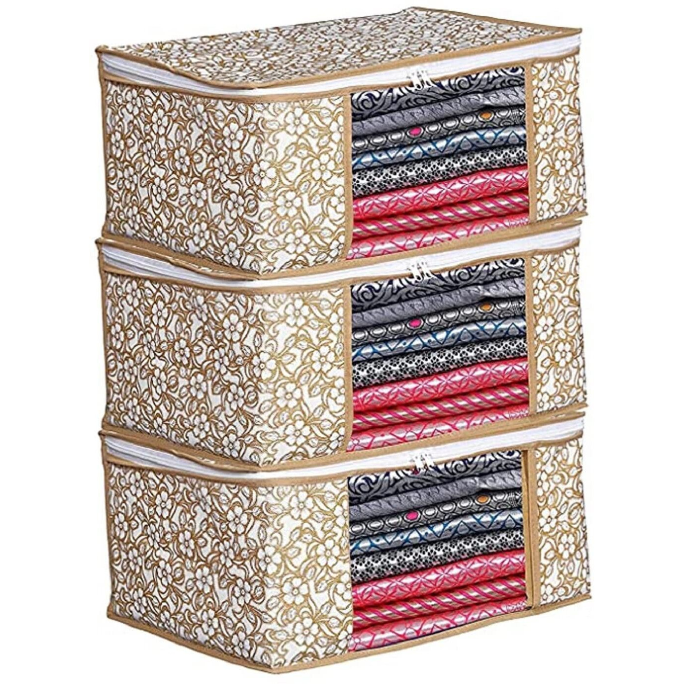 Acnos Non-Woven Premium Brand Metalic Gold Design White Chain 3 Piece Non Woven Large Size Saree Cloth Cover Set Pack Of 3 Gold And White