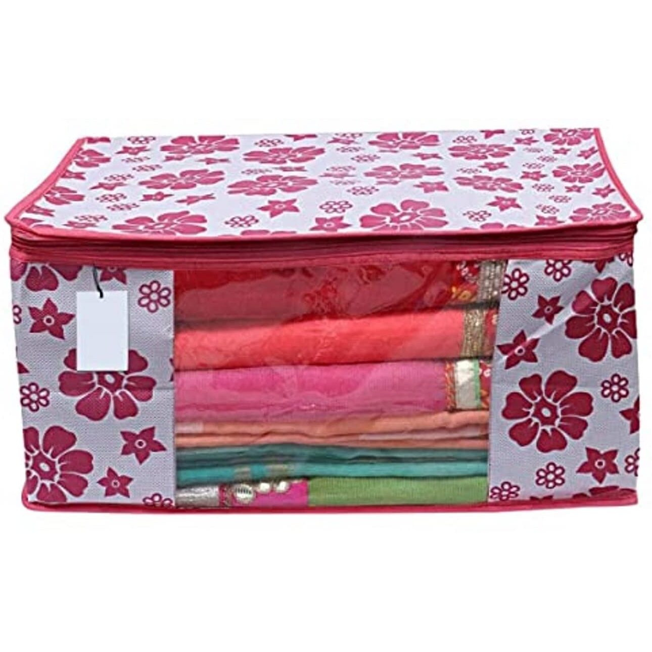 Acnos Premium Brand Metalic Pink Chain Flower Design 1 Piece Non Woven Large Size Saree Cloth Cover Pack Of 1 Pink And White