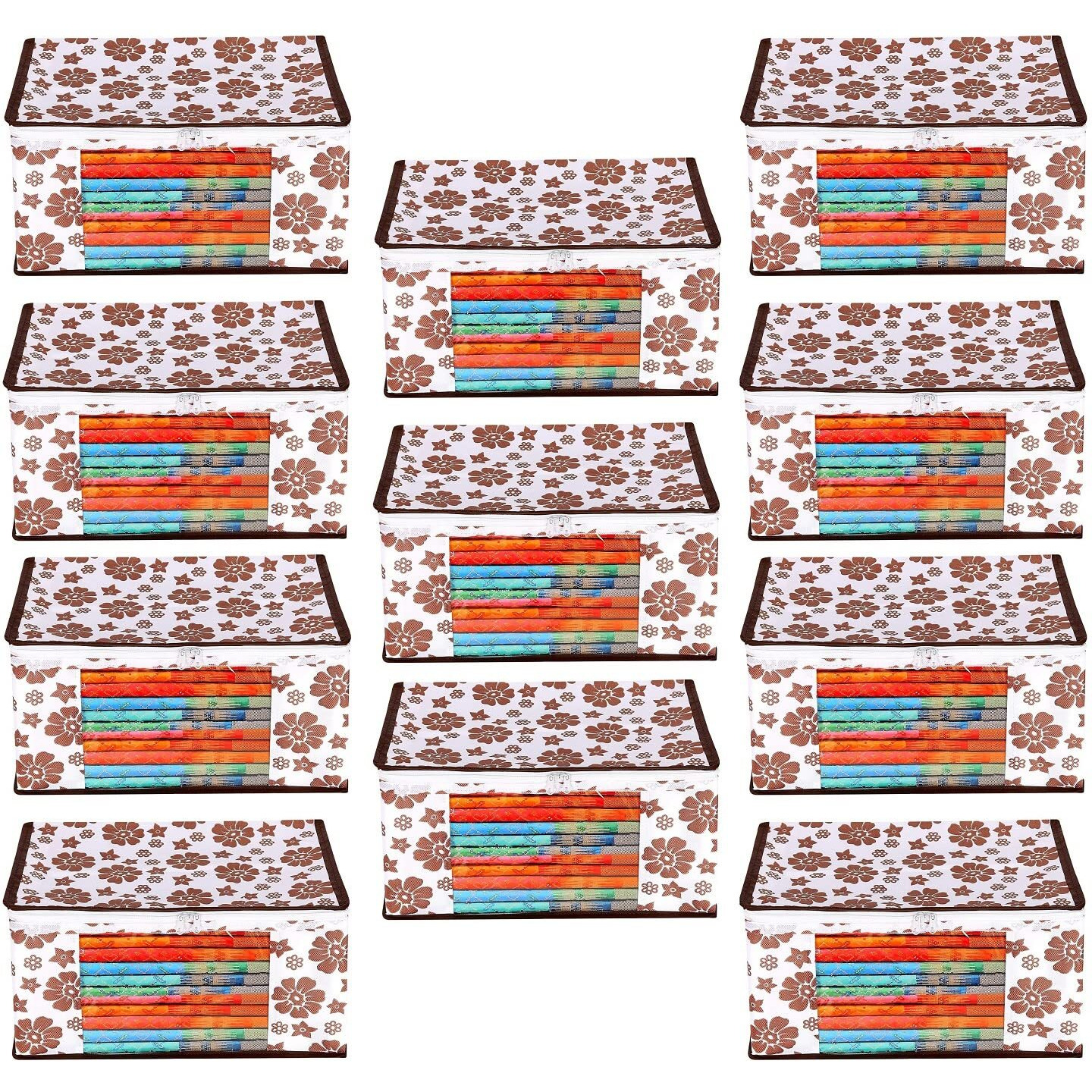 Acnos Premium Brand Metalic Brown Design White Chain 12 Piece Non Woven Large Size Saree Cloth Cover Set Pack Of 11