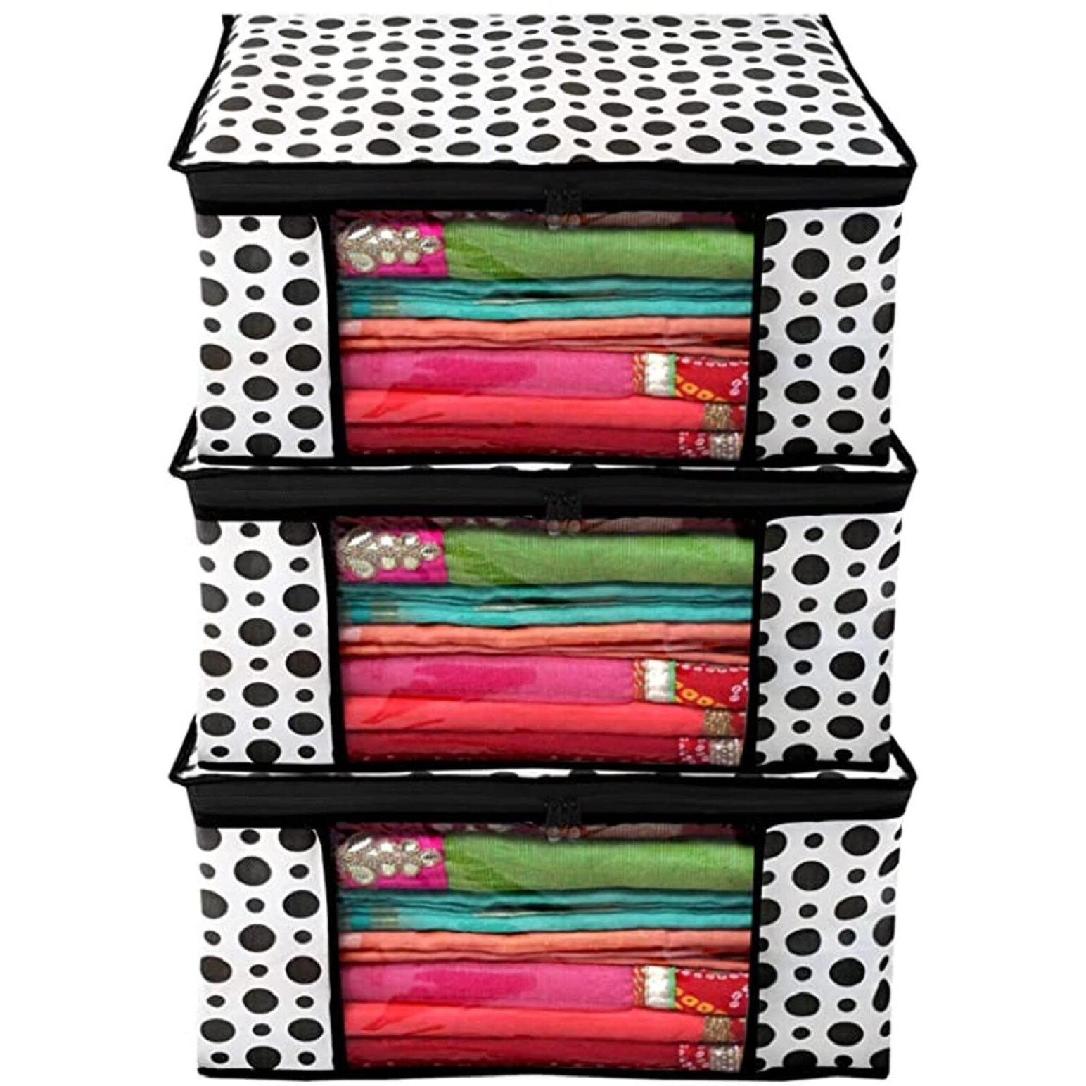 Acnos Non-Woven Premium Brand Metalic Black Design Chain White 3 Piece Non Woven Large Size Saree Cloth Cover Set Pack Of 3 Black And White