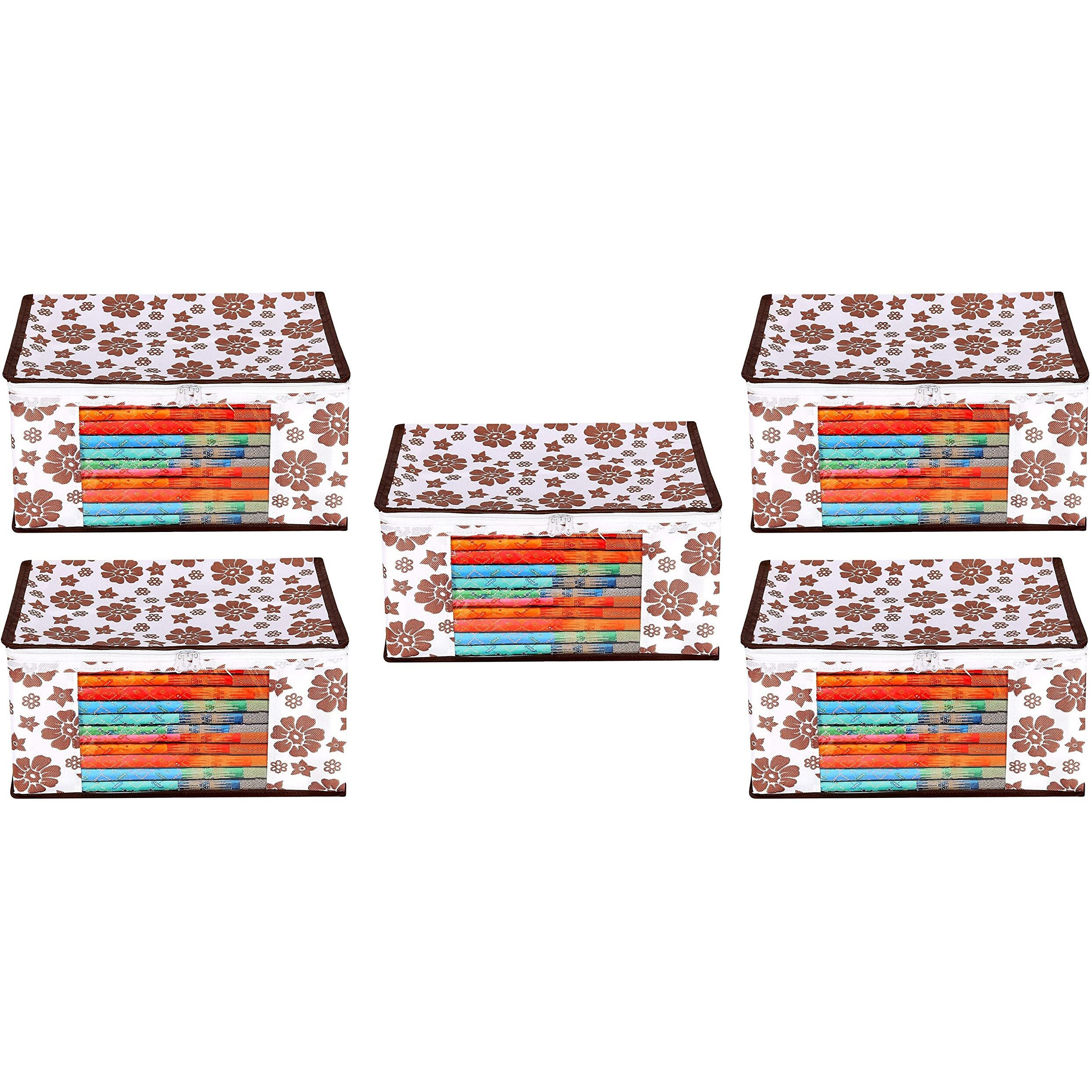 Acnos Premium Brand Metalic Brown Design White Chain 12 Piece Non Woven Large Size Saree Cloth Cover Set Pack Of 5