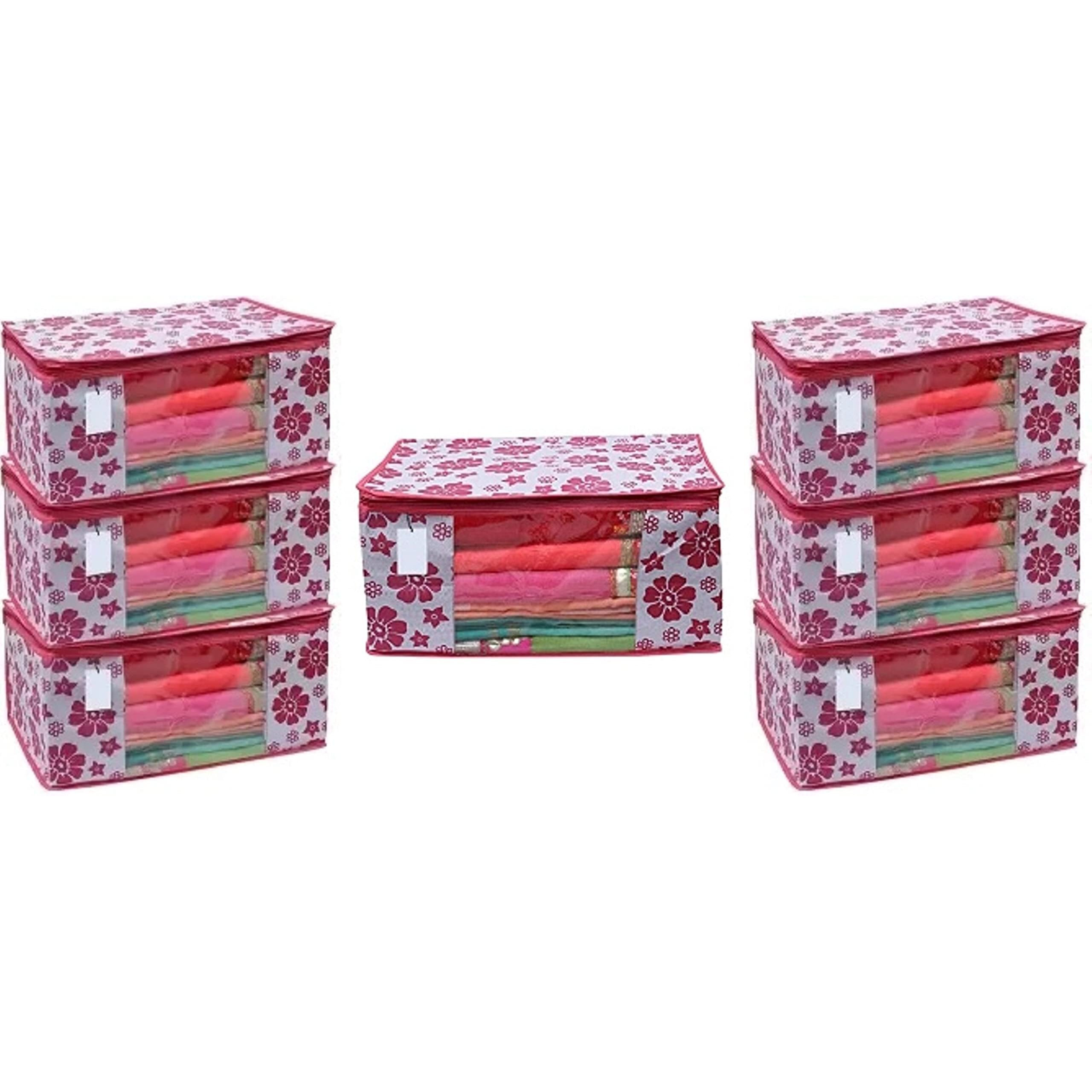 Acnos Premium Brand Metalic Pink Chain Flower Design 7 Piece Non Woven Large Size Saree Cloth Cover Set Pack Of 7 Pink And White