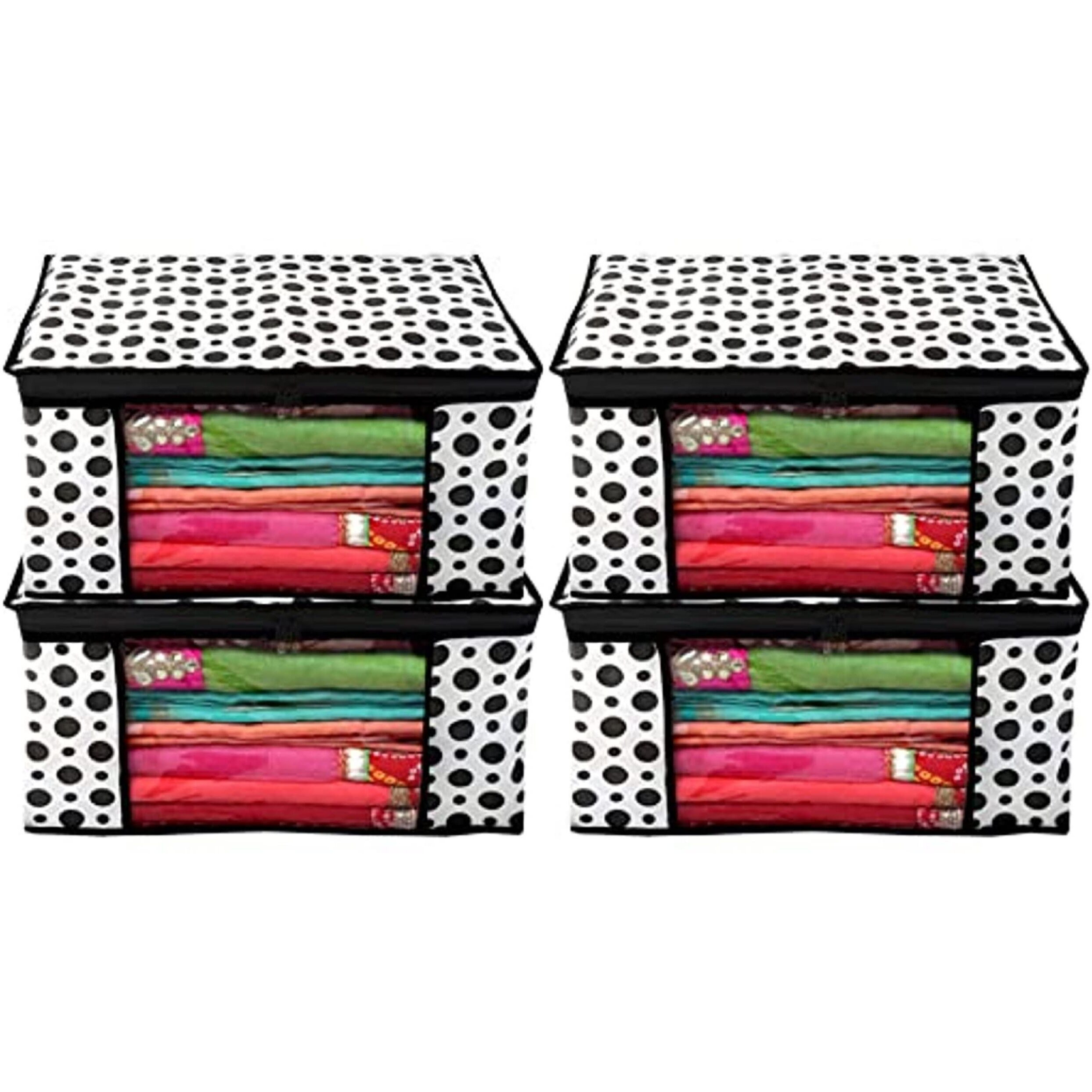 Acnos Premium Brand Metalic Black Design Chain White 4 Piece Non Woven Large Size Saree Cloth Cover Set Pack Of 4 Black And White