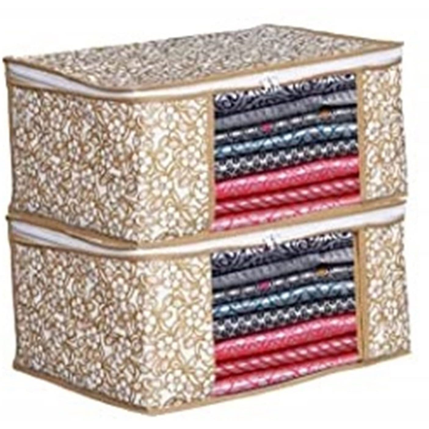 Acnos Premium Brand Metalic Gold Design White Chain 2 Piece Non Woven Large Size Saree Cloth Cover Set Pack Of 2 Gold And White