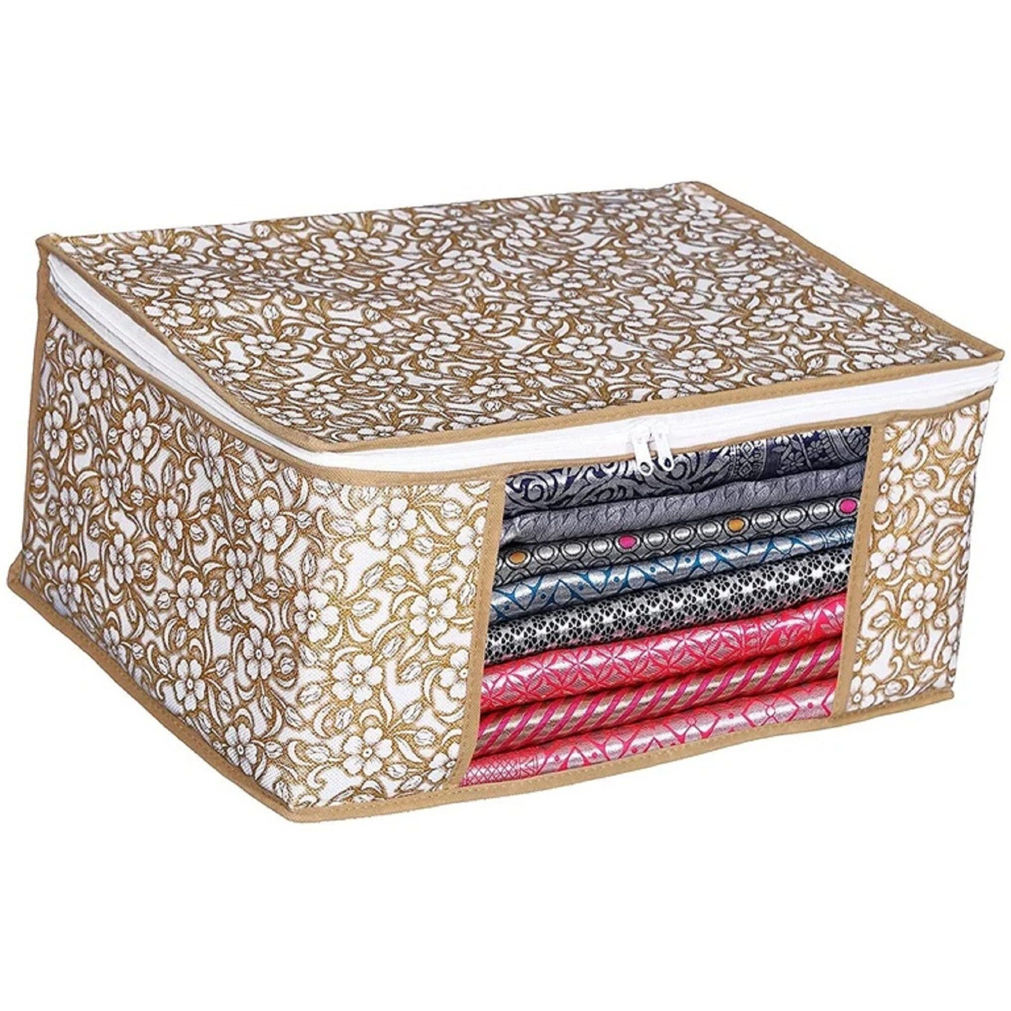 Acnos Premium Brand Metalic Gold Design White Chain 2 Piece Non Woven Large Size Saree Cloth Cover Set Pack Of 2 Gold And White