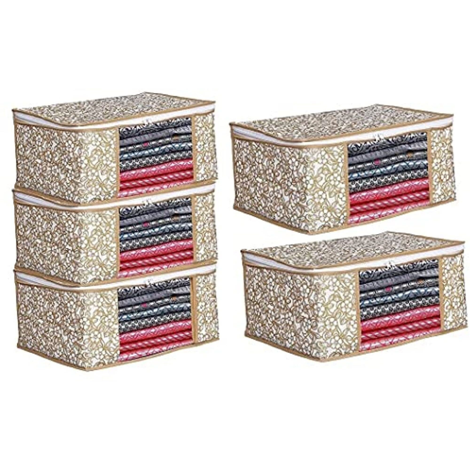 Acnos Premium Brand Metalic Gold Design White Chain 5 Piece Non Woven Large Size Saree Cloth Cover Set Pack Of 5 Gold And White