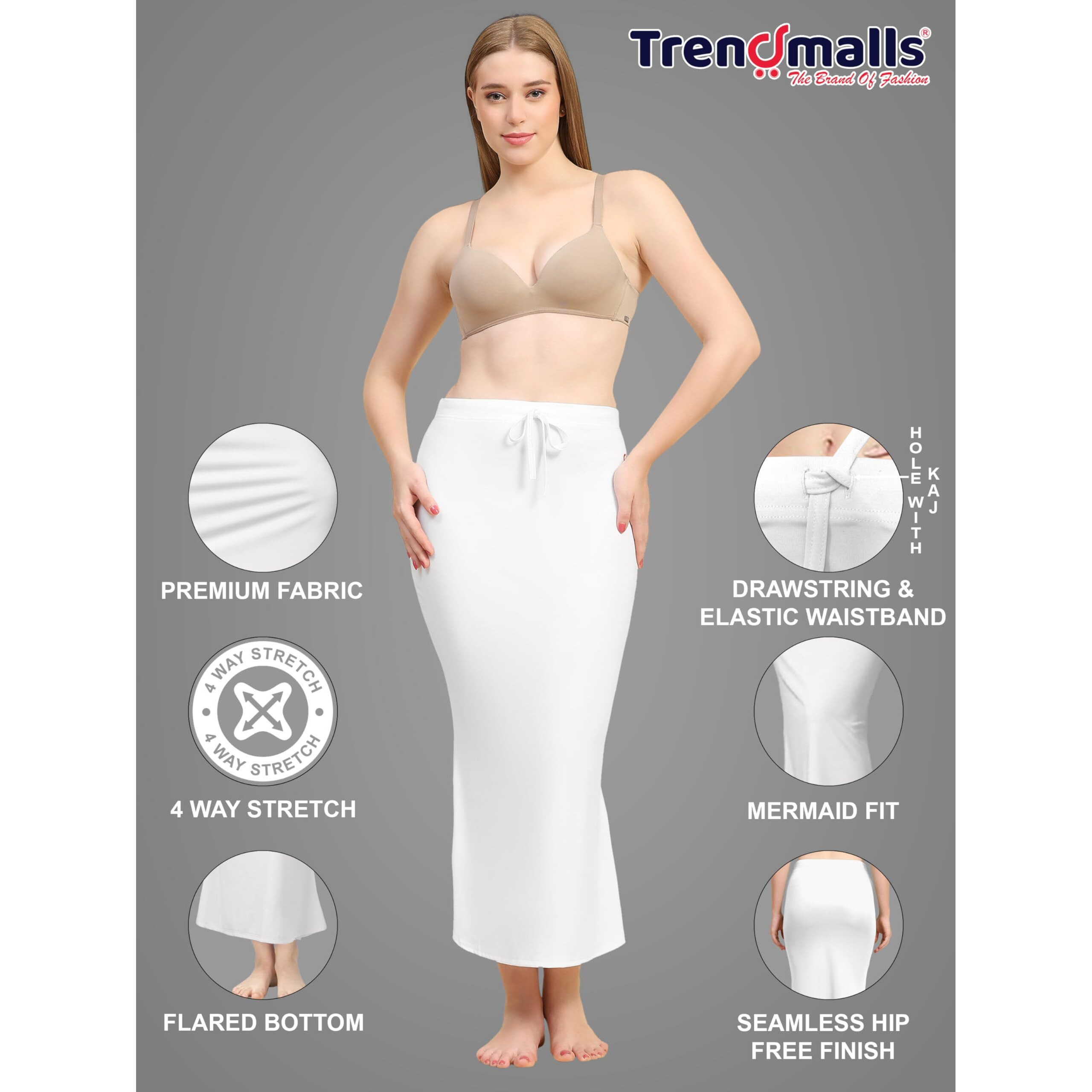 Trendmalls Women's Polyester Spandex Saree Shapewear Petticoat For Women, Cotton Blended,Petticoat,Skirts For Women,Shape Wear Dress For Saree Shaper White