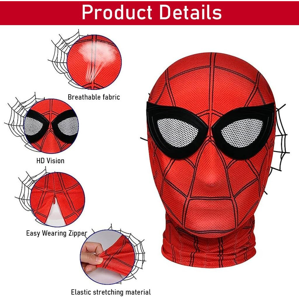Fancyku 3D Spider-Man Mask, Spiderman Masks Spider Man Cosplay Costumes Superhero Lenses, Superhero Costume Mask For Adult Kids, Role Play Superhero Masks For Halloween Masquerade Cosplay (Red)