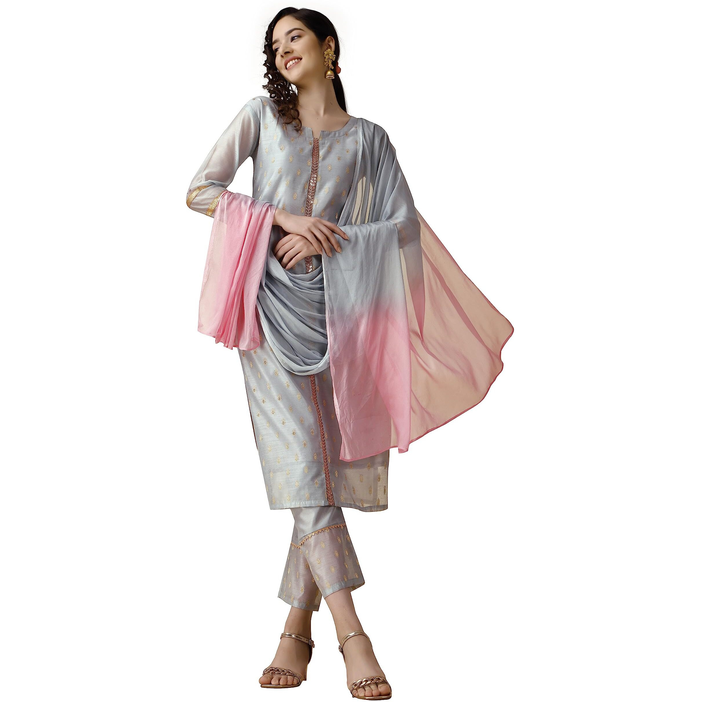 Ethnicjunction Women's Chanderi Silk Jacquard Straight Kurta Pant & Dupatta Set Grey