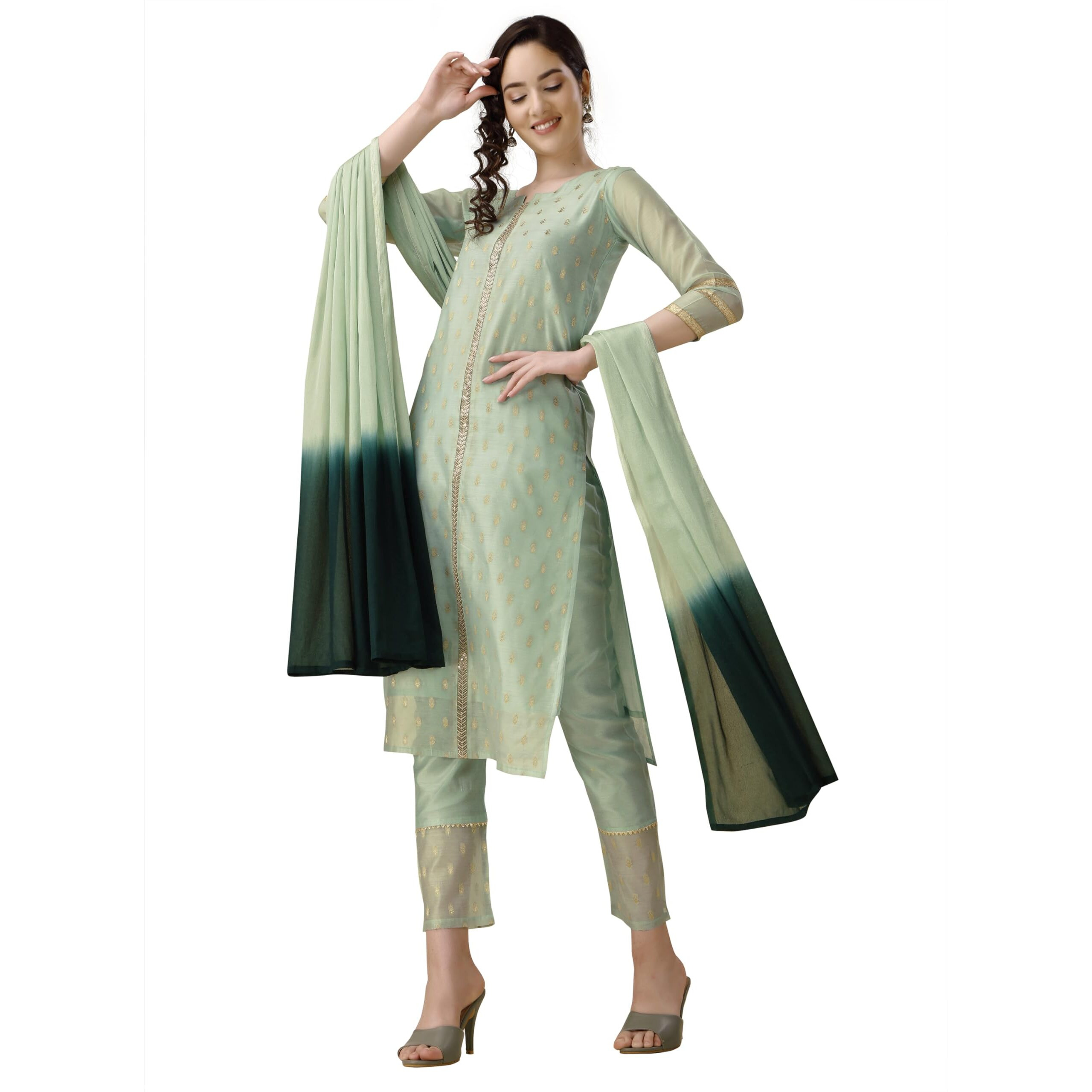 Ethnicjunction Women's Chanderi Silk Jacquard Straight Kurta Pant & Dupatta Set Light Green