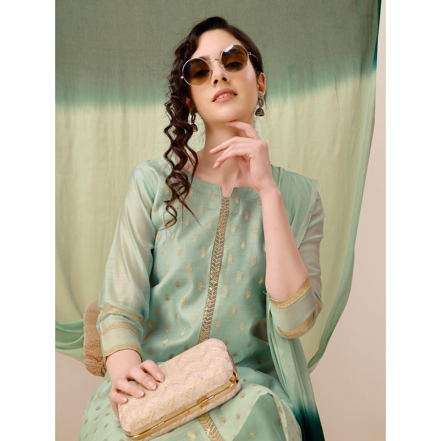 Ethnicjunction Women's Chanderi Silk Jacquard Straight Kurta Pant & Dupatta Set Light Green