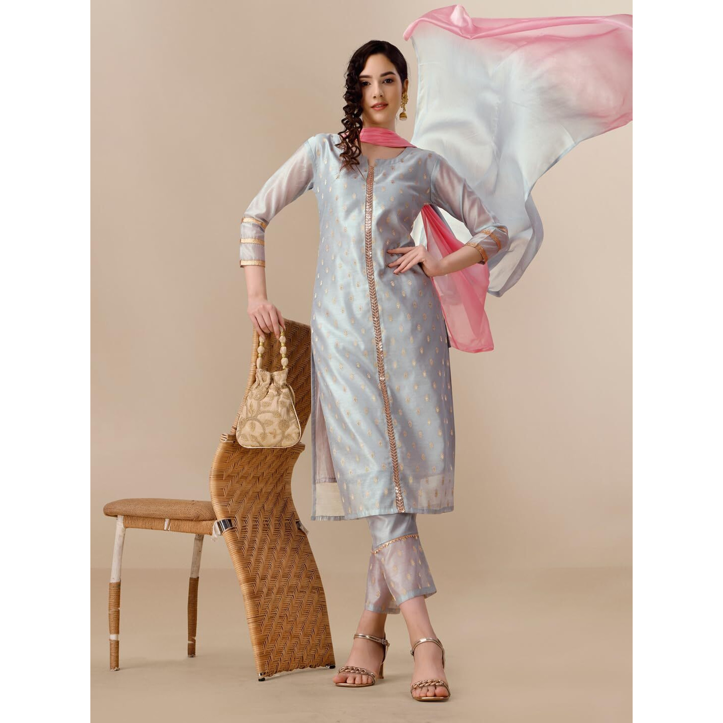 Ethnicjunction Women's Chanderi Silk Jacquard Straight Kurta Pant & Dupatta Set Grey