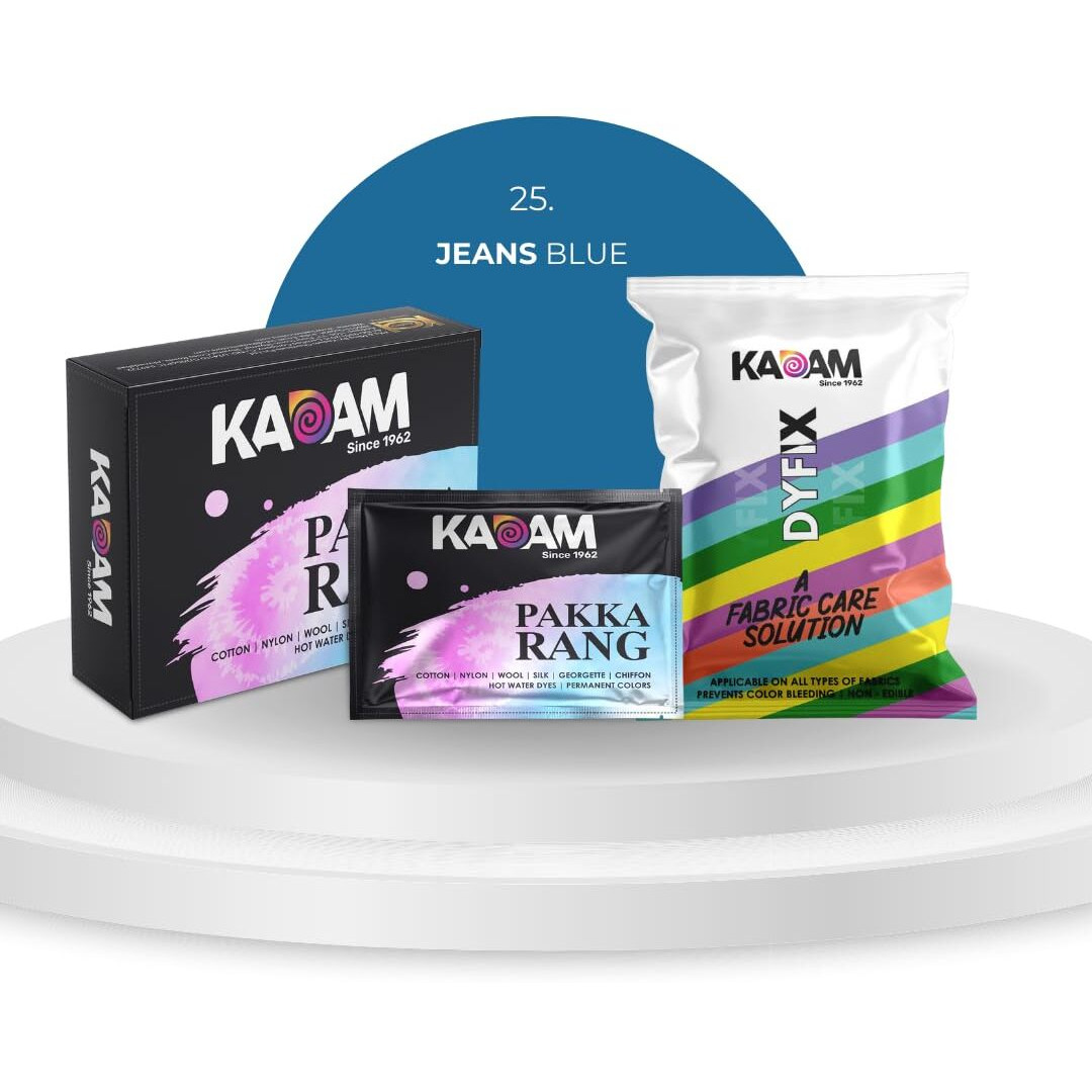 Kadam Pakka Rang Fabric Dye For Clothes Permanent, Cloth Dye Powder, Fabric Dye Clothes, Dye For Faded Jeans, 5 Sachets Of Shade 25 Jeans Blue & 5 Sachets Of Dyfix Color Fixer