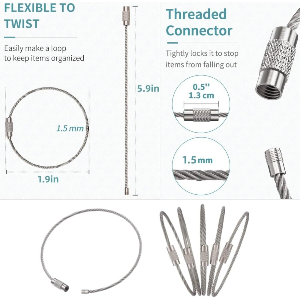 Astonandia Chainsteel Wire Strong Toughness Cable Key Chain Stainless Steel Keychains Wire Keychains(10Pcs,15Cm*1.5Mm), Silver
