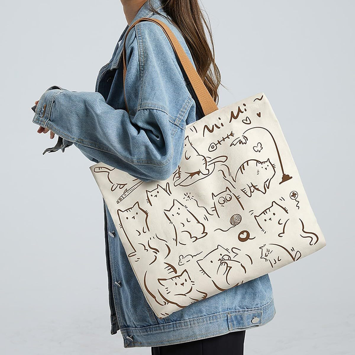 Wolpin Women Reusable Shopping/Grocery Classic Tote Bag With Pocket Shoulder Cotton Handbag Zipper Closure Travel Bag Multi-Purpose, Funny Cat, Beige