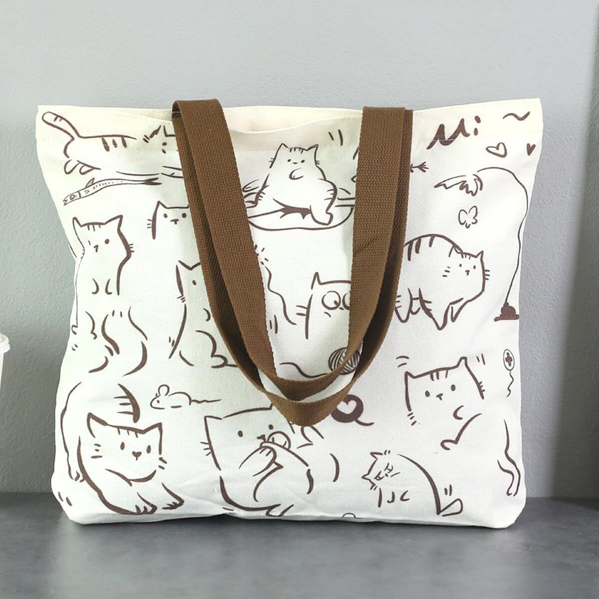 Wolpin Women Reusable Shopping/Grocery Classic Tote Bag With Pocket Shoulder Cotton Handbag Zipper Closure Travel Bag Multi-Purpose, Funny Cat, Beige