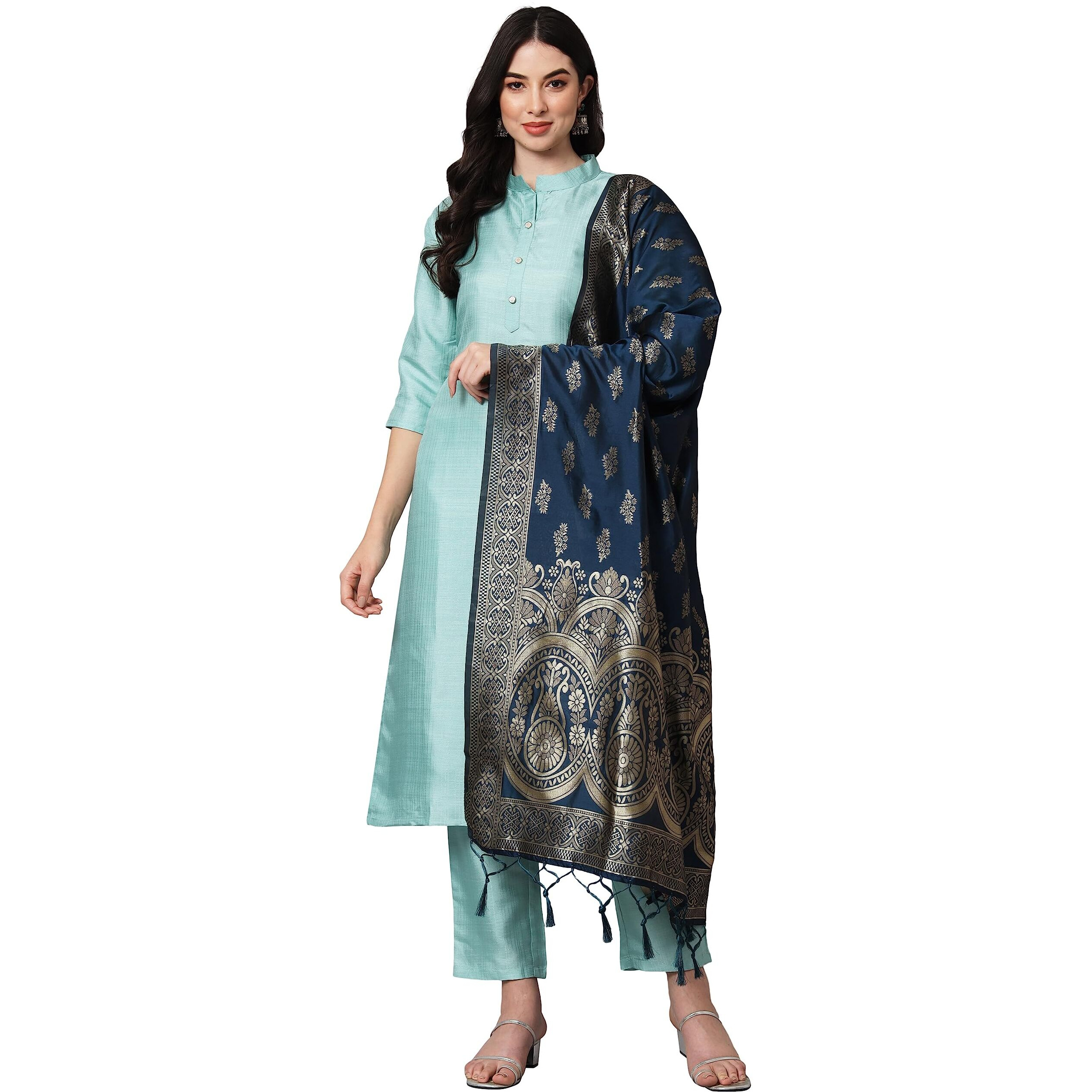 Vredevogel Women's Cotton Silk Blend Straight Kurta Trouser With Dupatta Set (Sea-Green_X-Large)