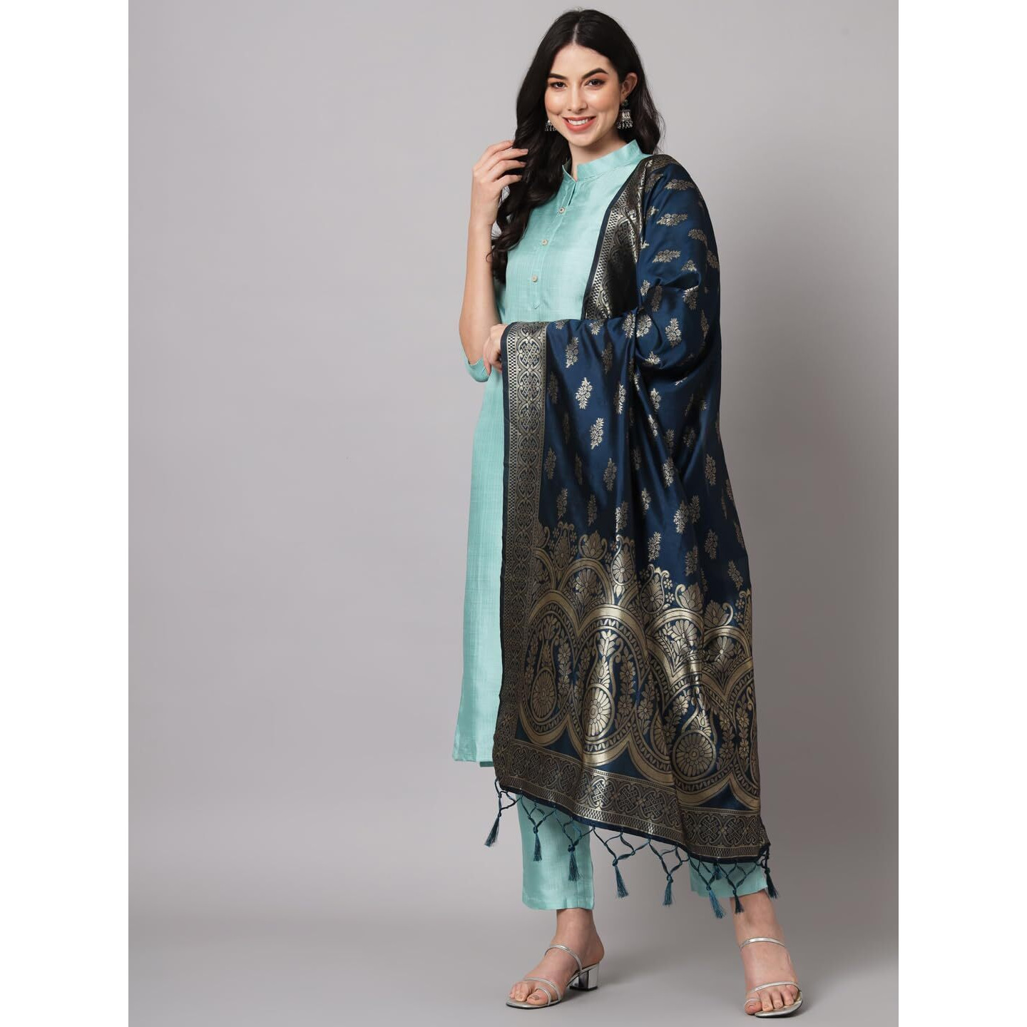 Vredevogel Women's Cotton Silk Blend Straight Kurta Trouser With Dupatta Set (Sea-Green_X-Large)