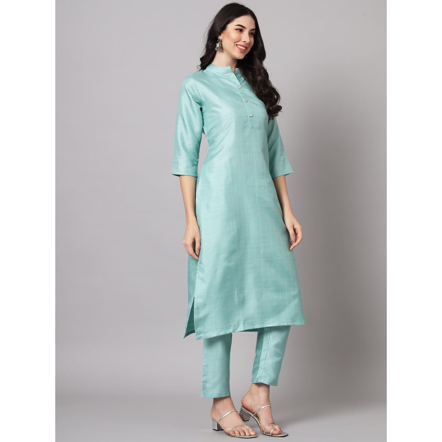 Vredevogel Women's Cotton Silk Blend Straight Kurta Trouser With Dupatta Set (Sea-Green_X-Large)