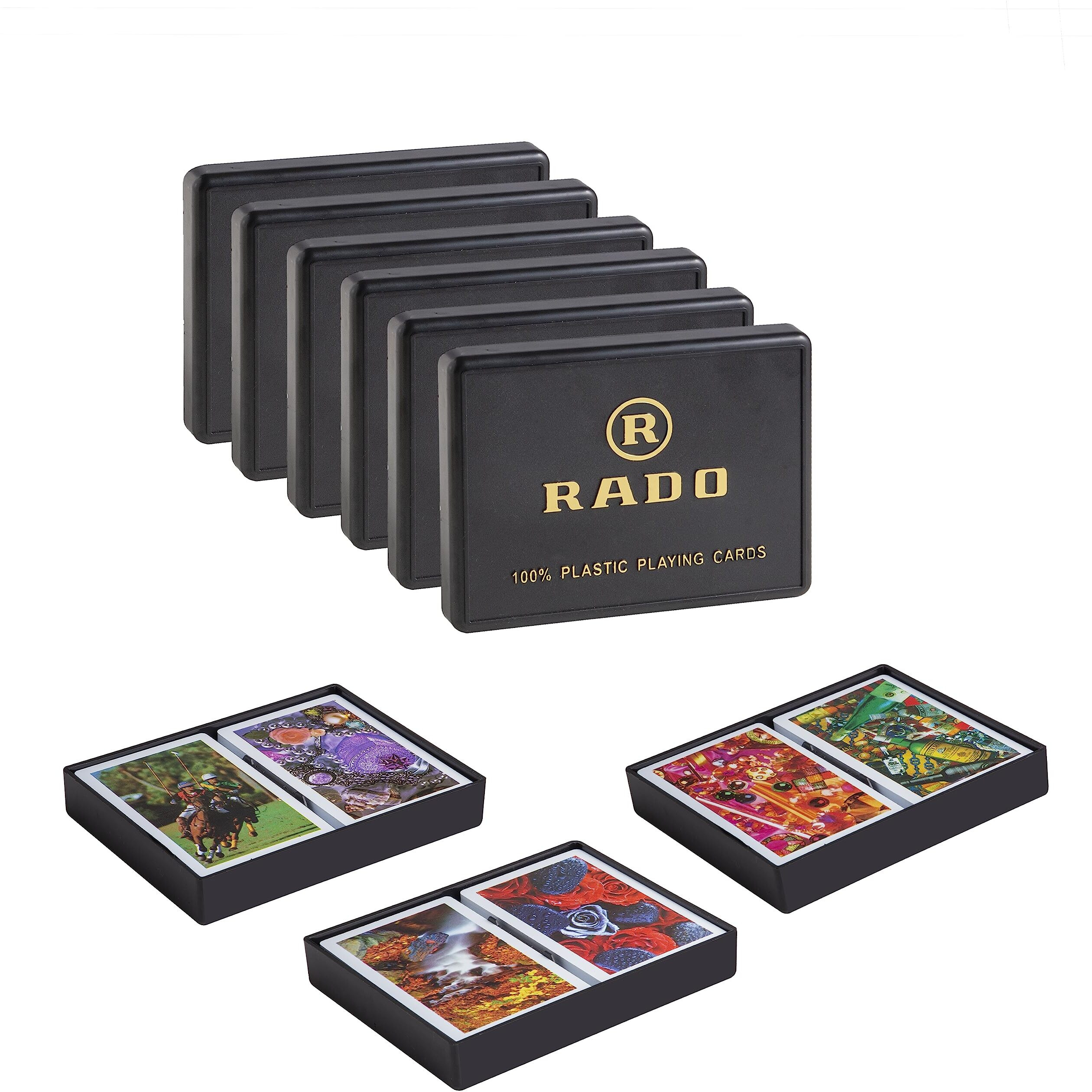 Rado Switzerland Premium Plastic Playing Cards (Pack Of 12) - 6 Sets Of Twin Packs, Bridge Size, Multicolor Cards Packed In A Two Piece Container, Cards For All Ages Used For Card Games, Poker&Rummy