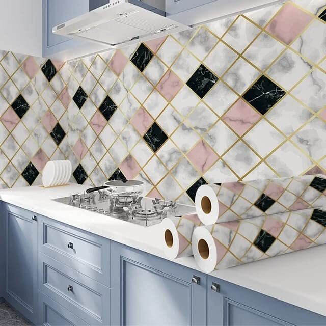 Nareval Pink And Wallpaper Kite Marble Pattern Kitchen Anti-Oil Stickers Wallpaper Self Adhesive Kitchen Waterproof Oil-Proof Aluminum Pink & Black (Size 60 * 200 Cm) (Pink And Black J2)