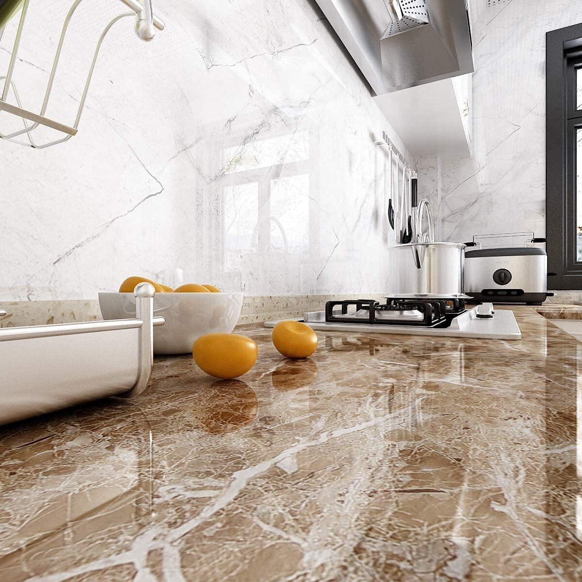 Nareval Marble Wallpaper For Kitchen Wallpaper Oil Proof Waterproof Furniture Kitchen Wallpaper Self Adhesive Wallpaper Marble Wallpaper Kitchen Waterproof Wallpaper(Size 60 * 200 Cm) (Peanut J 1)