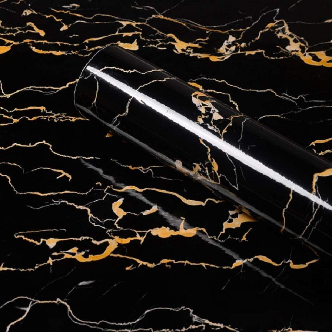 Narval Marble Wllpaper Granite Waterproof Walpaper Self Adhesive Gloss Vinyl Film Decorative Self Adhesive Paper For Countertops Furniture Wallpaper Shelf Paper Marble Effect (Black Gold Y3)