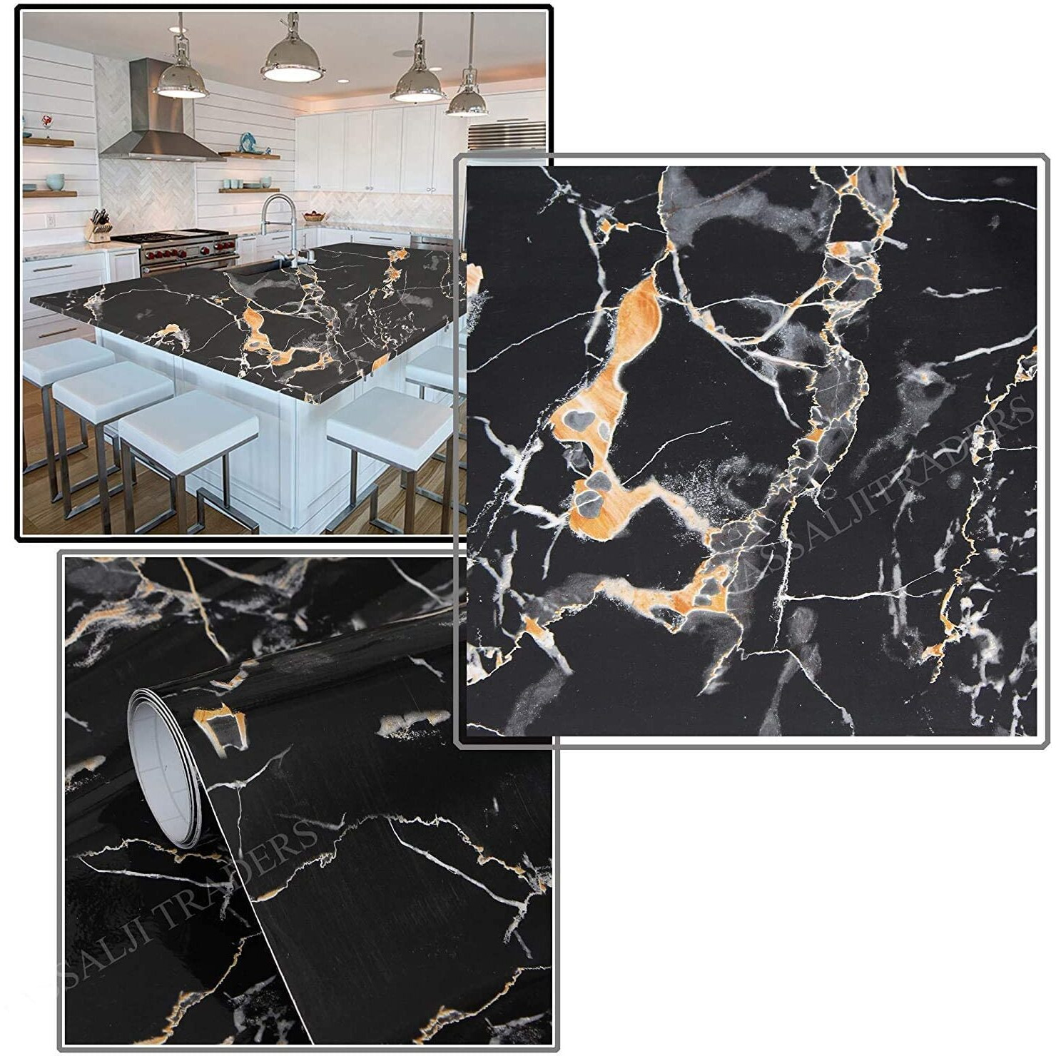 Narval Marble Wllpaper Granite Waterproof Walpaper Self Adhesive Gloss Vinyl Film Decorative Self Adhesive Paper For Countertops Furniture Wallpaper Shelf Paper Marble Effect (Black Gold Y3)