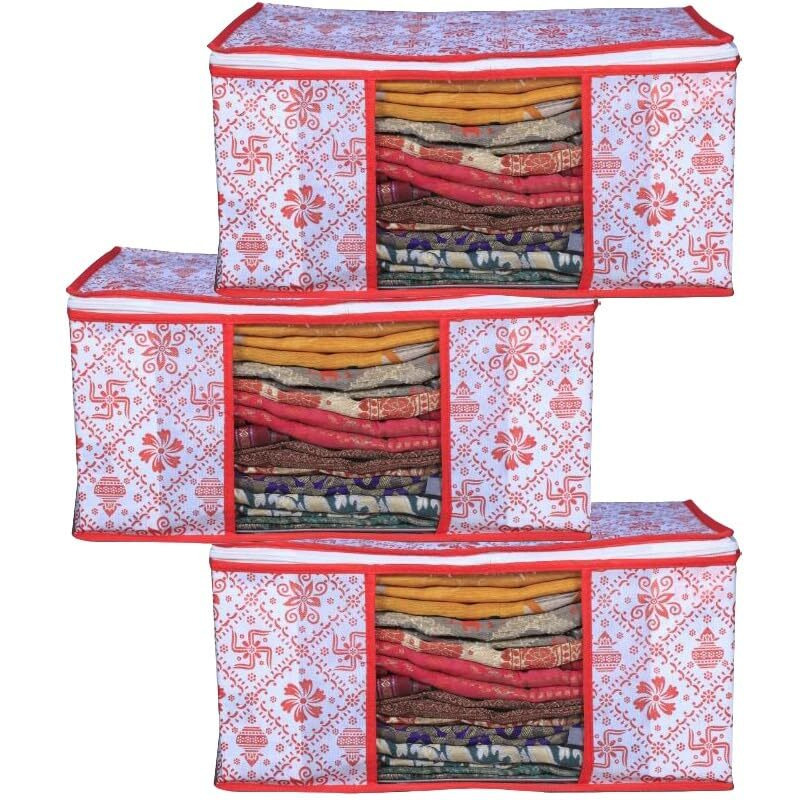 Acnos Non-Woven Premium Metalic Red Design White Chain 3 Piece Non Woven Large Size Cloth Cover Set Pack Of 3