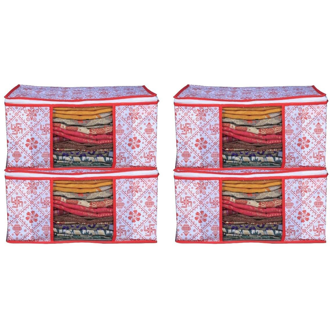 Acnos Non-Woven Premium Metalic Red Design White Chain 4 Piece Non Woven Large Size Cloth Cover Set Pack Of 4
