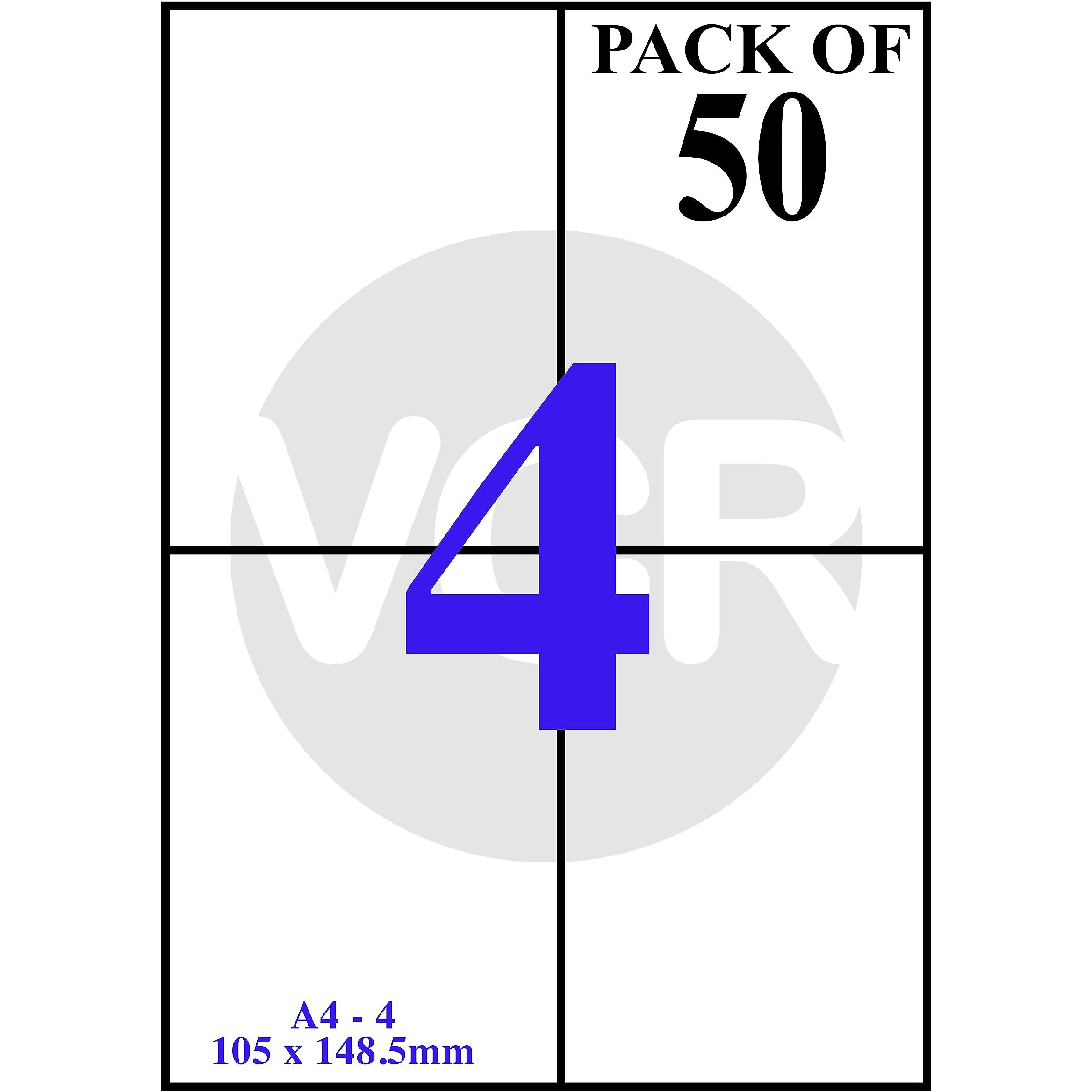 Vcr A4 Size White Self Adhesive Label/Sticker For Printer (Inject/Copier/Laser) - 4 Sticker Per Sheet - 50 Sheets Pack