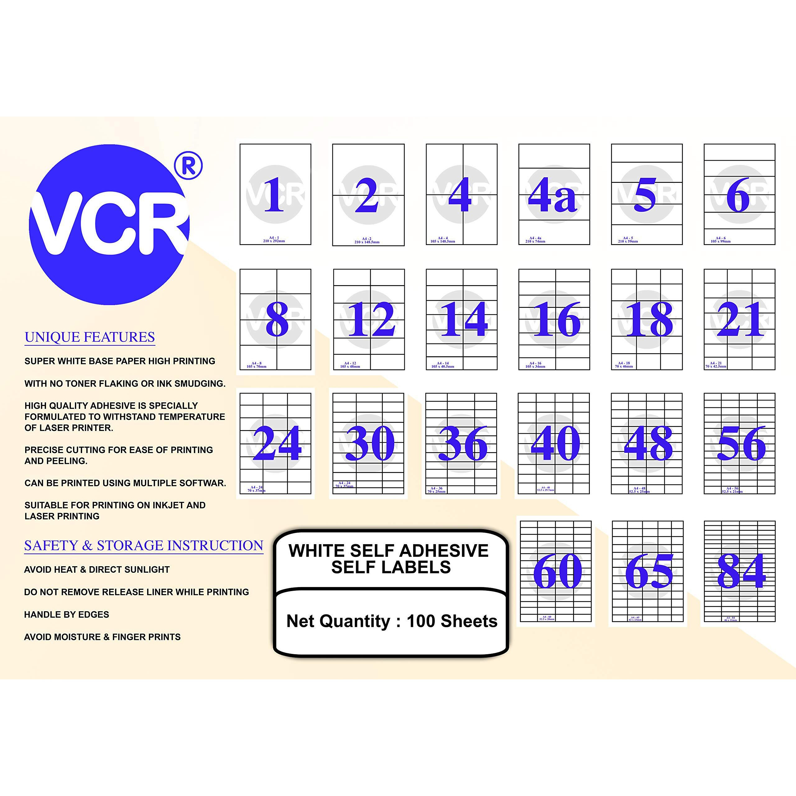Vcr A4 Size White Self Adhesive Label/Sticker For Printer (Inject/Copier/Laser) - 1 Sticker Per Sheet - 50 Sheets Pack