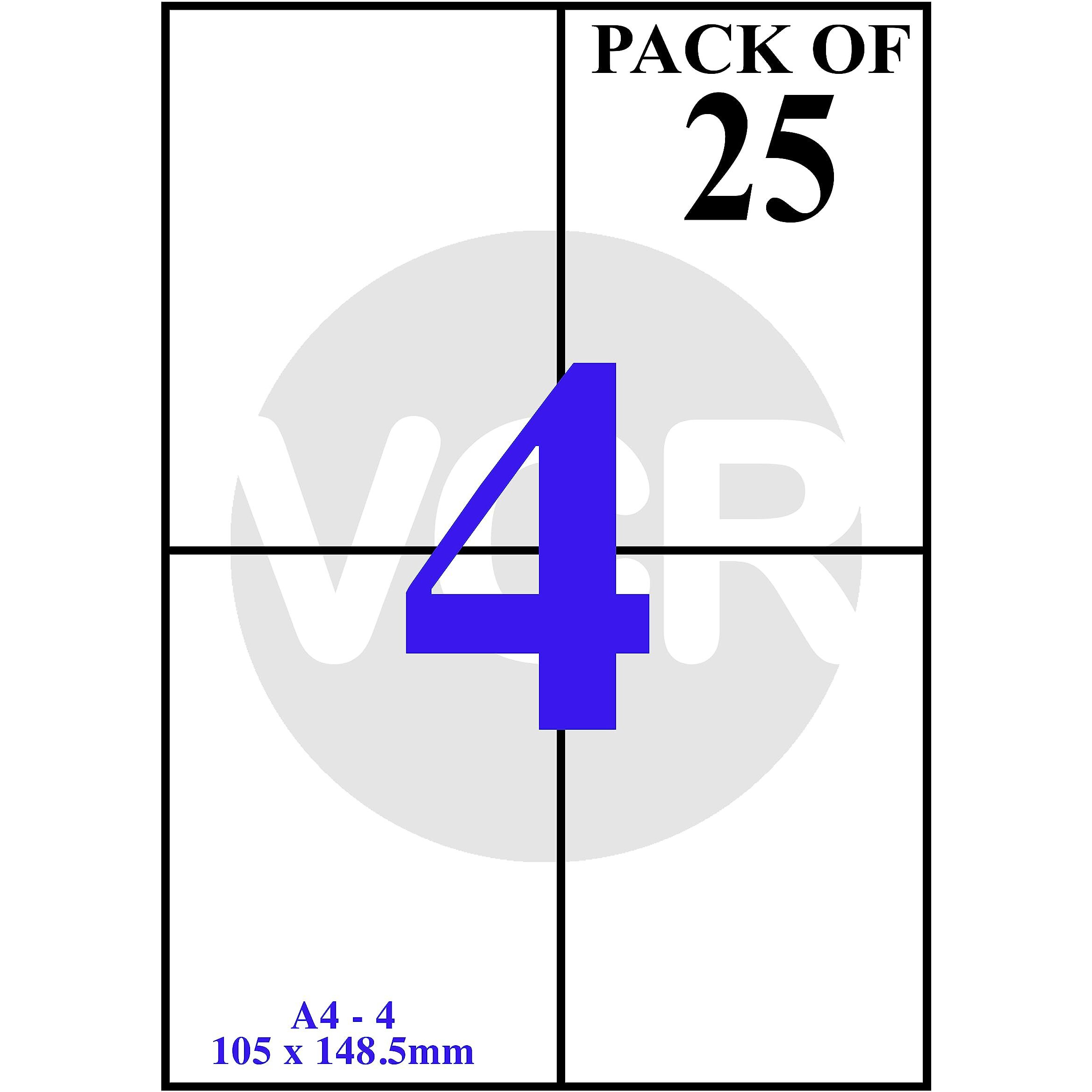 Vcr A4 Size White Self Adhesive Label/Sticker For Printer (Inject/Copier/Laser) - 4 Sticker Per Sheet - 25 Sheets Pack