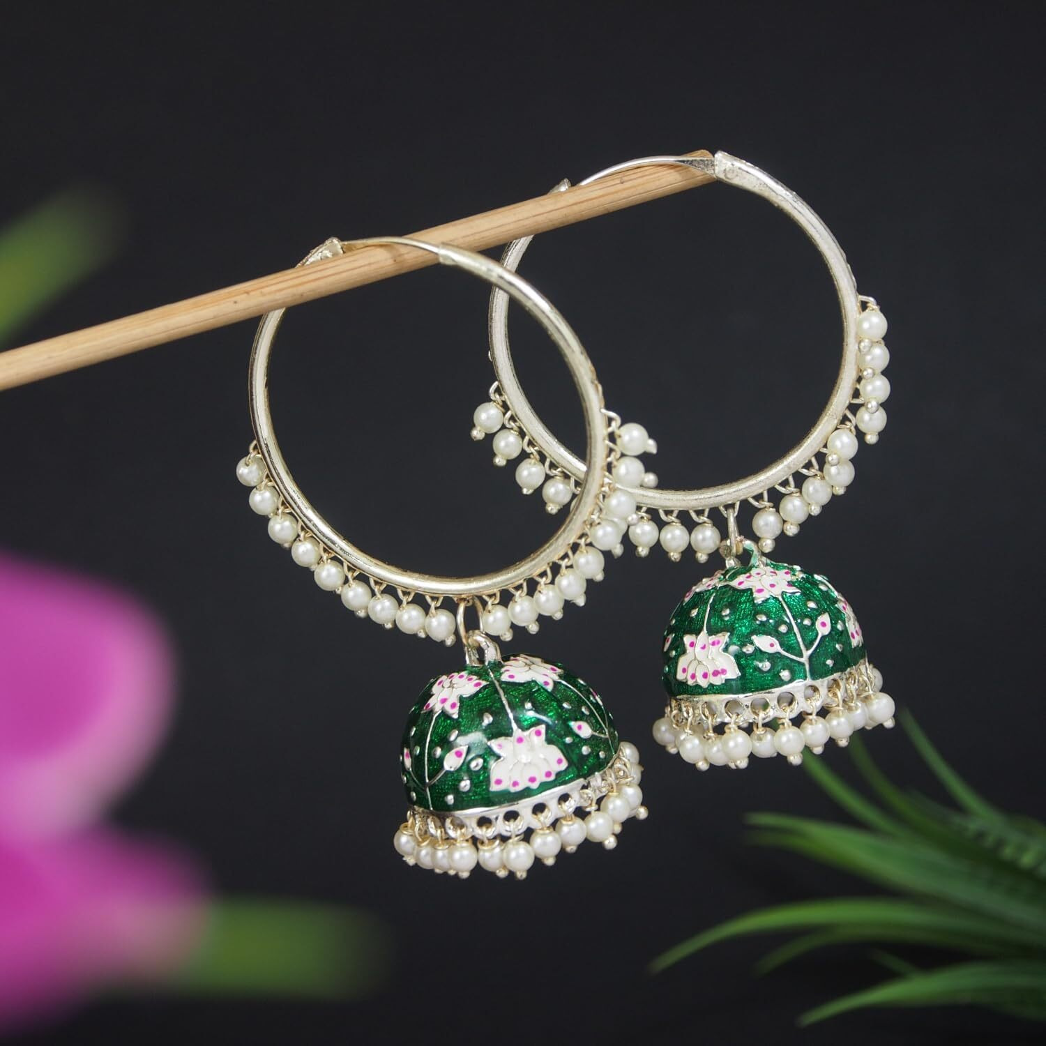 I Jewels 18K Gold Plated Traditional Handcrafted Meenakari Work Jhumki Earrings For Women/Girls (Green)