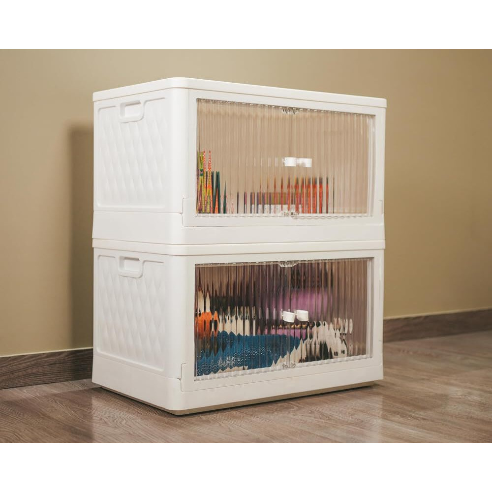 Homestrap Foldable Stackable Storage Box With Wheels (Pack Of 2) | Collapsible Storage Bins With Door | Space-Saver Organizer With Door, Plastic, White/Clear, 61 X 38 X 64 Cm
