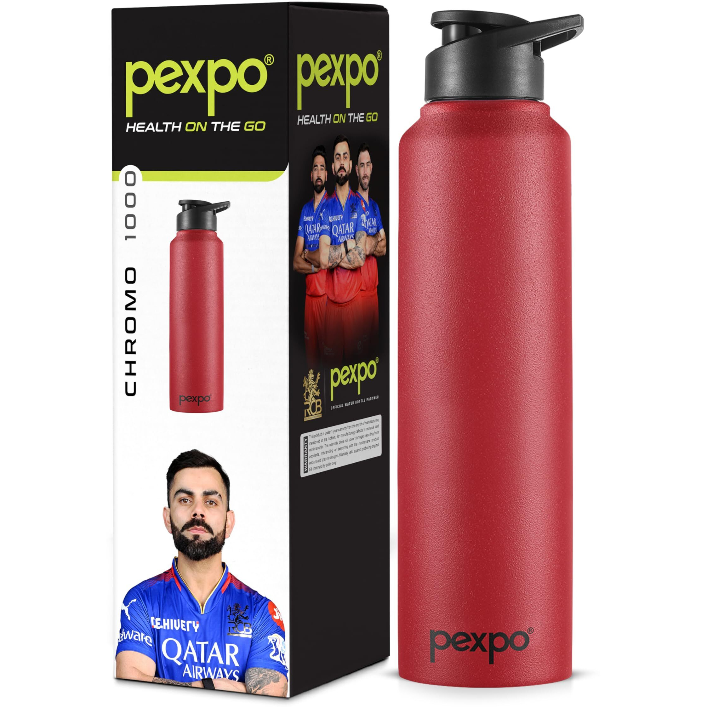 Pexpo Chromo Pro Stainless Steel Sports/Fridge Sipper Water Bottle 1000Ml, Crimson Red | Eco Friendly | Water Bottle For Office, Gym, School, Yoga, Trekking, Men, Women And Kids | Rcb Edition
