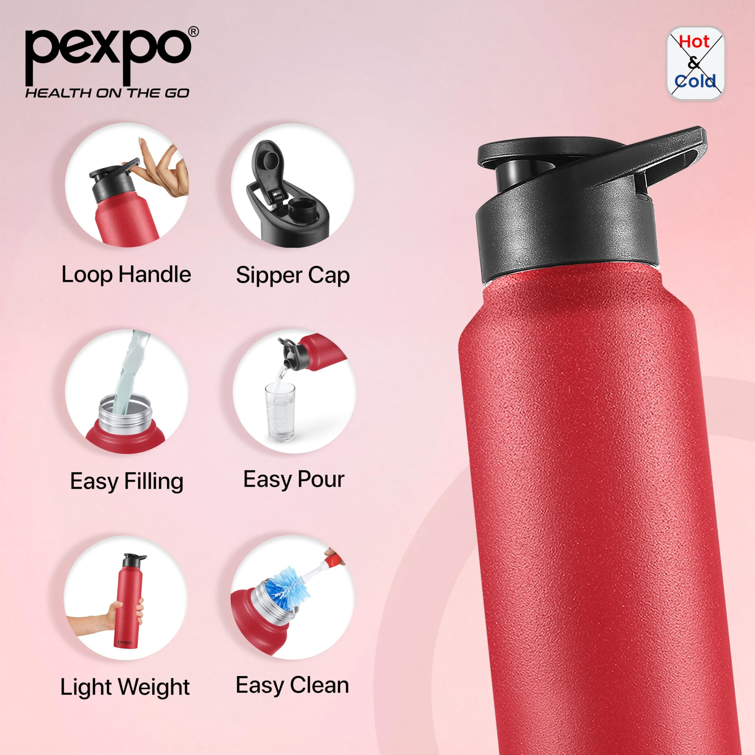 Pexpo Chromo Stainless Steel Sports/Fridge Sipper Water Bottle 1 Litre, Crimson Red Pack Of 2| Eco Friendly | Bpa Free | Water Bottle For Office, Gym, School, Yoga, Trekking, Men, Women And Kids