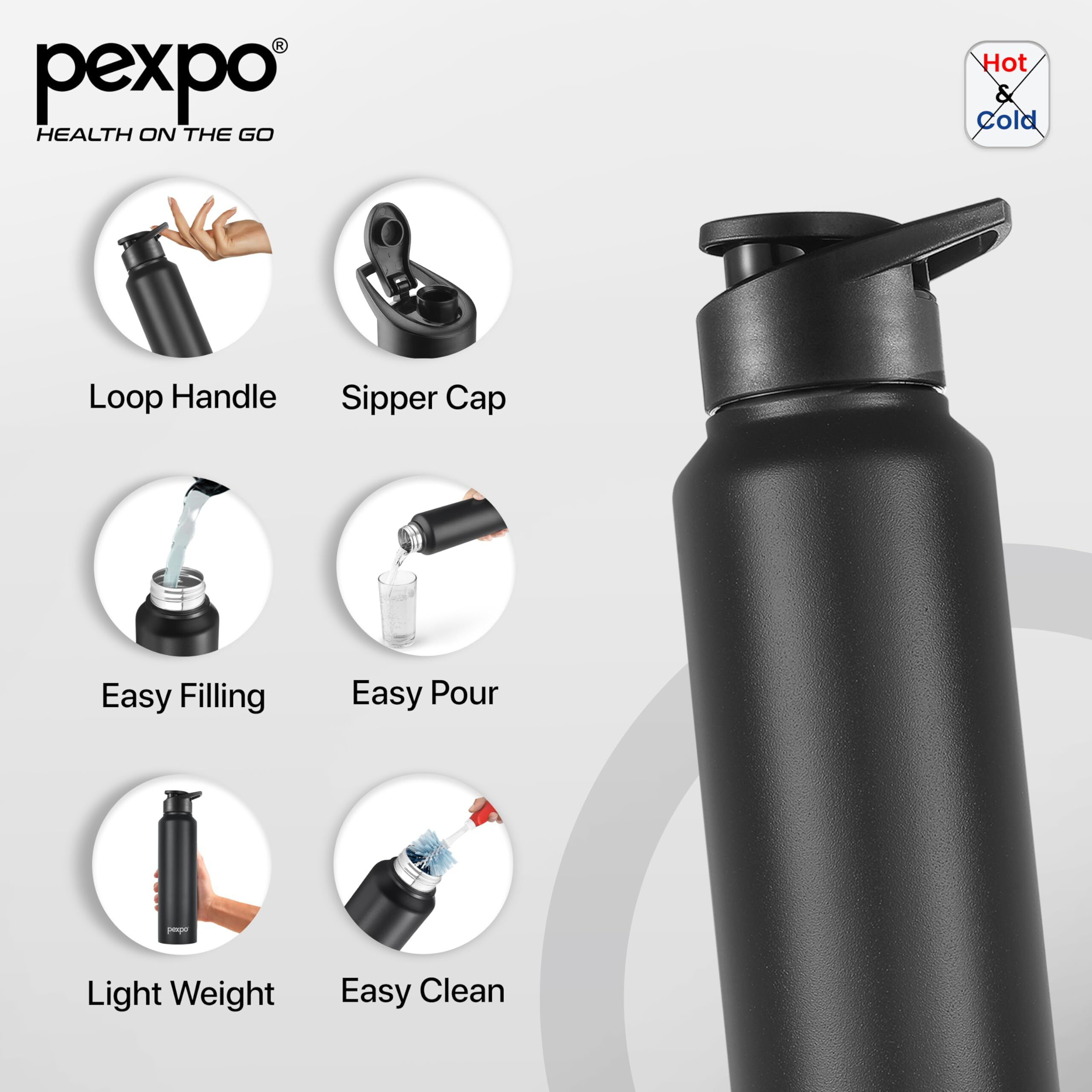 Pexpo Chromo Stainless Steel Sports/Fridge Sipper Water Bottle 1 Litre, Knight Black, Pack Of 2 | Eco Friendly | Bpa Free | Water Bottle For Office, Gym, School, Yoga, Trekking, Men, Women And Kids