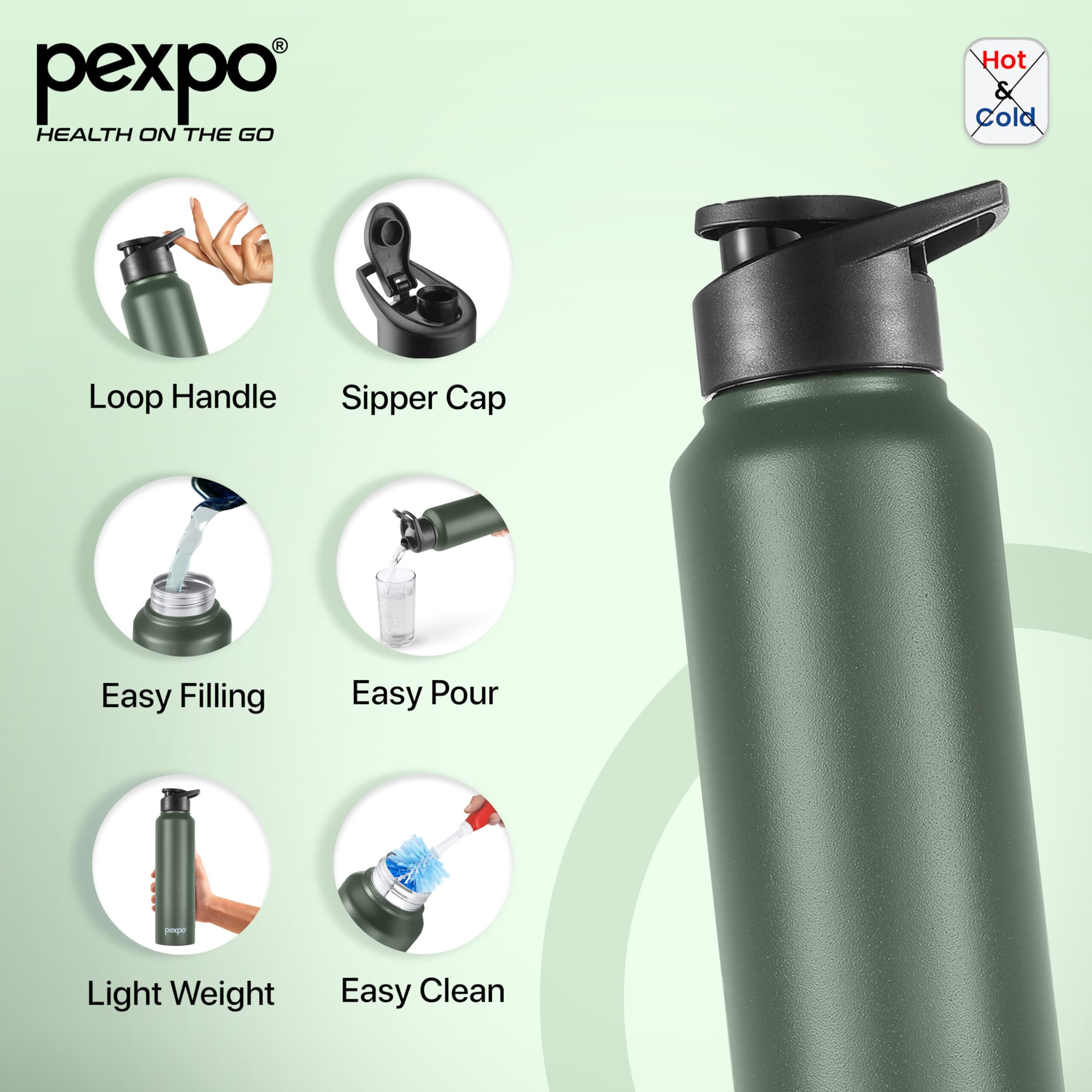 Pexpo Chromo Stainless Steel Sports/Fridge Sipper Water Bottle 1 Litre, Military Green, Pack Of 2 | Eco Friendly | Bpa Free | Water Bottle For Office, Gym, School, Yoga, Trekking, Men, Women And Kids