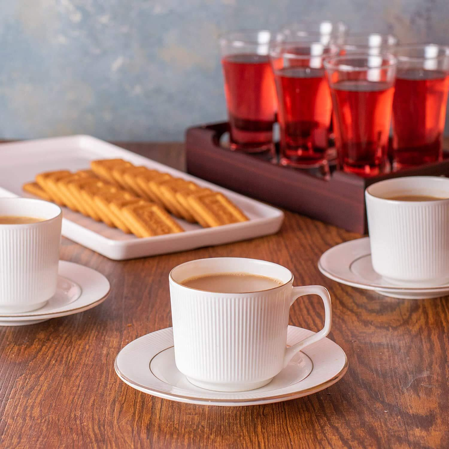 Femora Indian Ceramic Vertical Bar, White Tea Cup With Saucer Set Of 12 Pcs | Tea/Coffee Cups 200 Ml | Microwave & Dishwasher Safe | Bone-Ash Free | Crockery Set Ideal For Daily Use & Gifting, White