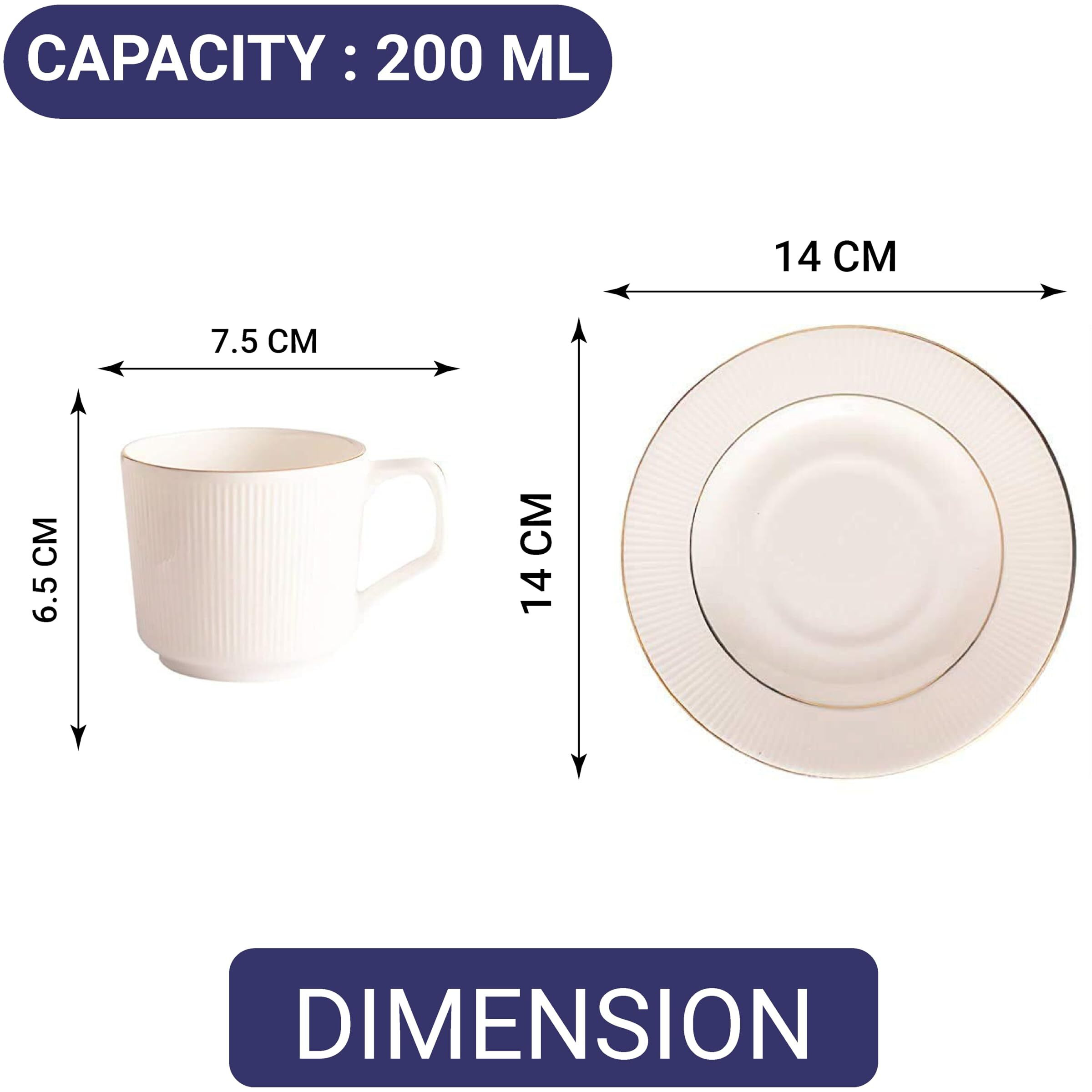 Femora Indian Ceramic Vertical Bar, White Tea Cup With Saucer Set Of 12 Pcs | Tea/Coffee Cups 200 Ml | Microwave & Dishwasher Safe | Bone-Ash Free | Crockery Set Ideal For Daily Use & Gifting, White