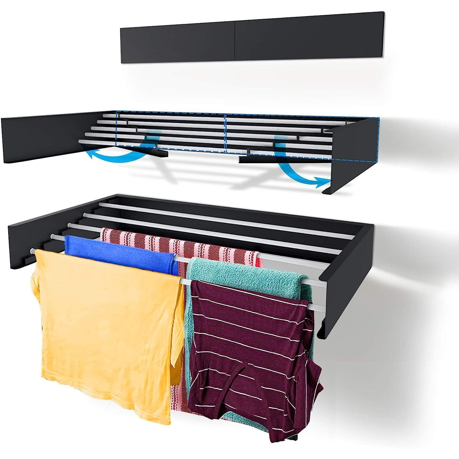 Jd Fresh Foldable Wall Mount Clothes Hanger/Cloth Drying Stand For Balcony With 5 Rods/Collapsible Clothes Drying Rack For Laundry/Space Saver/Indoor/Outdoor(Black) Alloy Steel