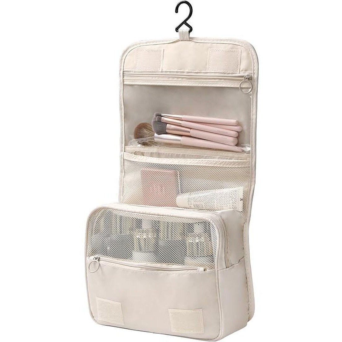 Wolpin Toiletry Bag For Travel Nylon Toiletry Kit Cosmetic Makeup Pouch Organizer Foldable Multifunction Bag For Brush/Shaving Kit/Medicine For Men & Women Waterproof (Beige)15 Cms
