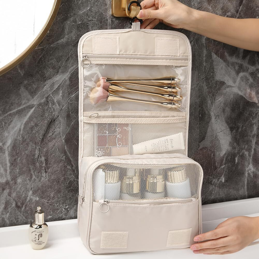 Wolpin Toiletry Bag For Travel Nylon Toiletry Kit Cosmetic Makeup Pouch Organizer Foldable Multifunction Bag For Brush/Shaving Kit/Medicine For Men & Women Waterproof (Beige)15 Cms