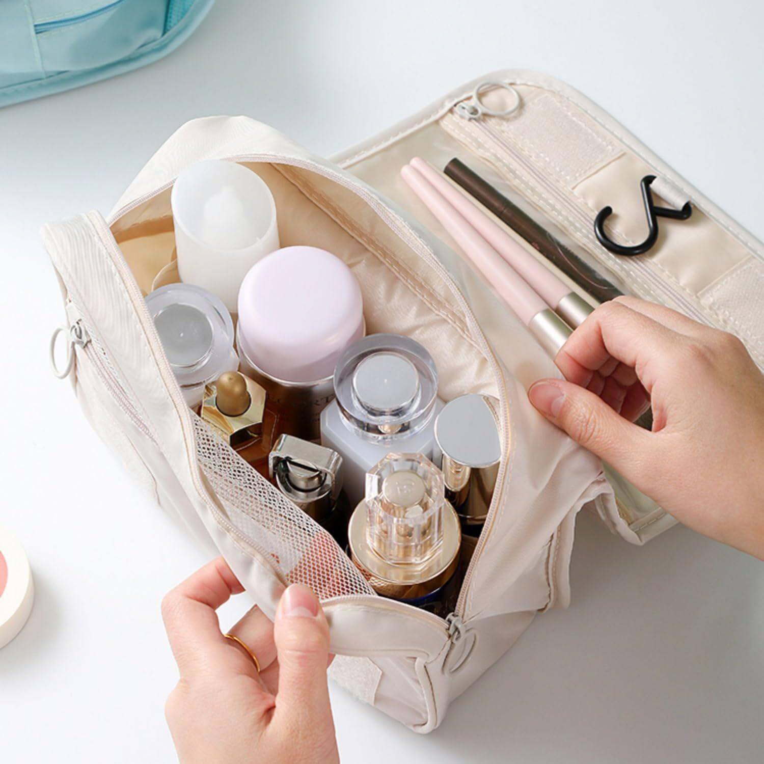 Wolpin Toiletry Bag For Travel Nylon Toiletry Kit Cosmetic Makeup Pouch Organizer Foldable Multifunction Bag For Brush/Shaving Kit/Medicine For Men & Women Waterproof (Beige)15 Cms