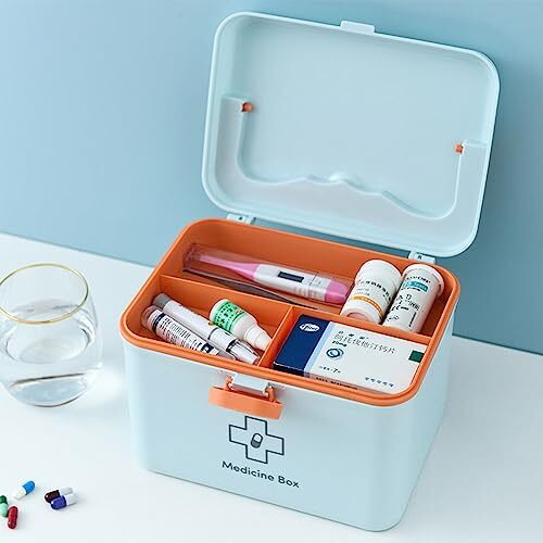 Naivete Plastic Rectangular Medicine Box, Medical Box, First Aid Box, Multi Purpose Box, Multi Utility Storage With Handle, Medico First Aid Box Plastic (Blue And Light Orange)