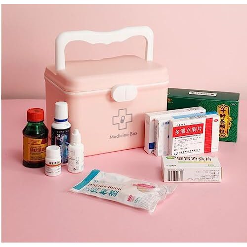 Naivete Plastic Rectangular Medicine Box, Medical Box, First Aid Box, Multi Purpose Box, Multi Utility Storage With Handle, Medico First Aid Box Plastic (Pink And White)